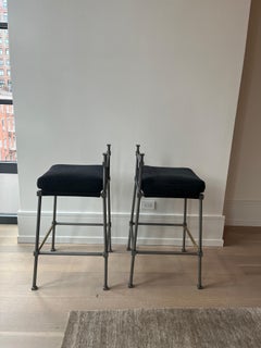 Pair of English Midcentury Bronze Barstools with New Black Wool Velvet Cushions