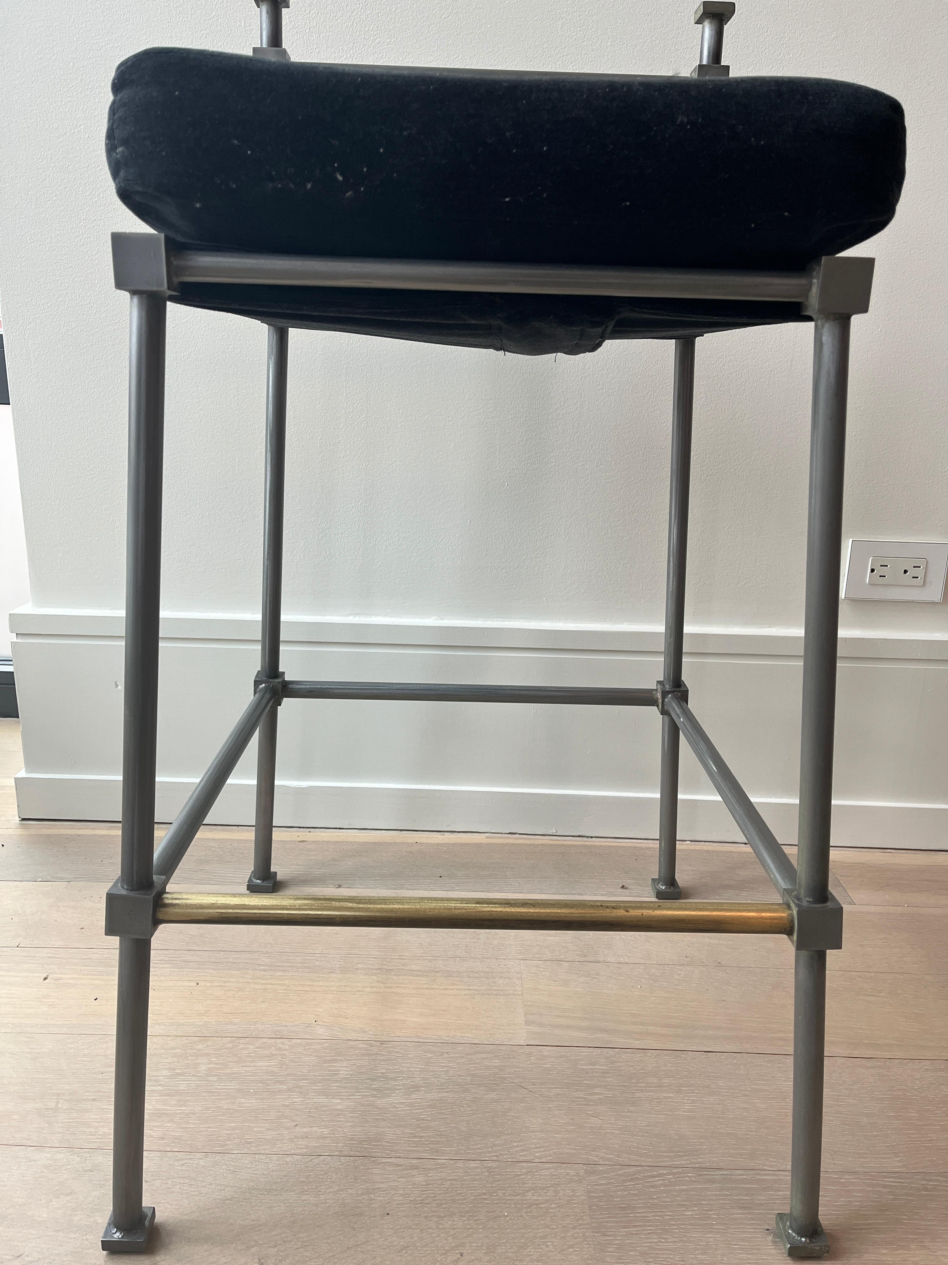 Pair of English Midcentury Bronze Barstools with New Black Wool Velvet Cushions In Good Condition For Sale In Chicago, IL