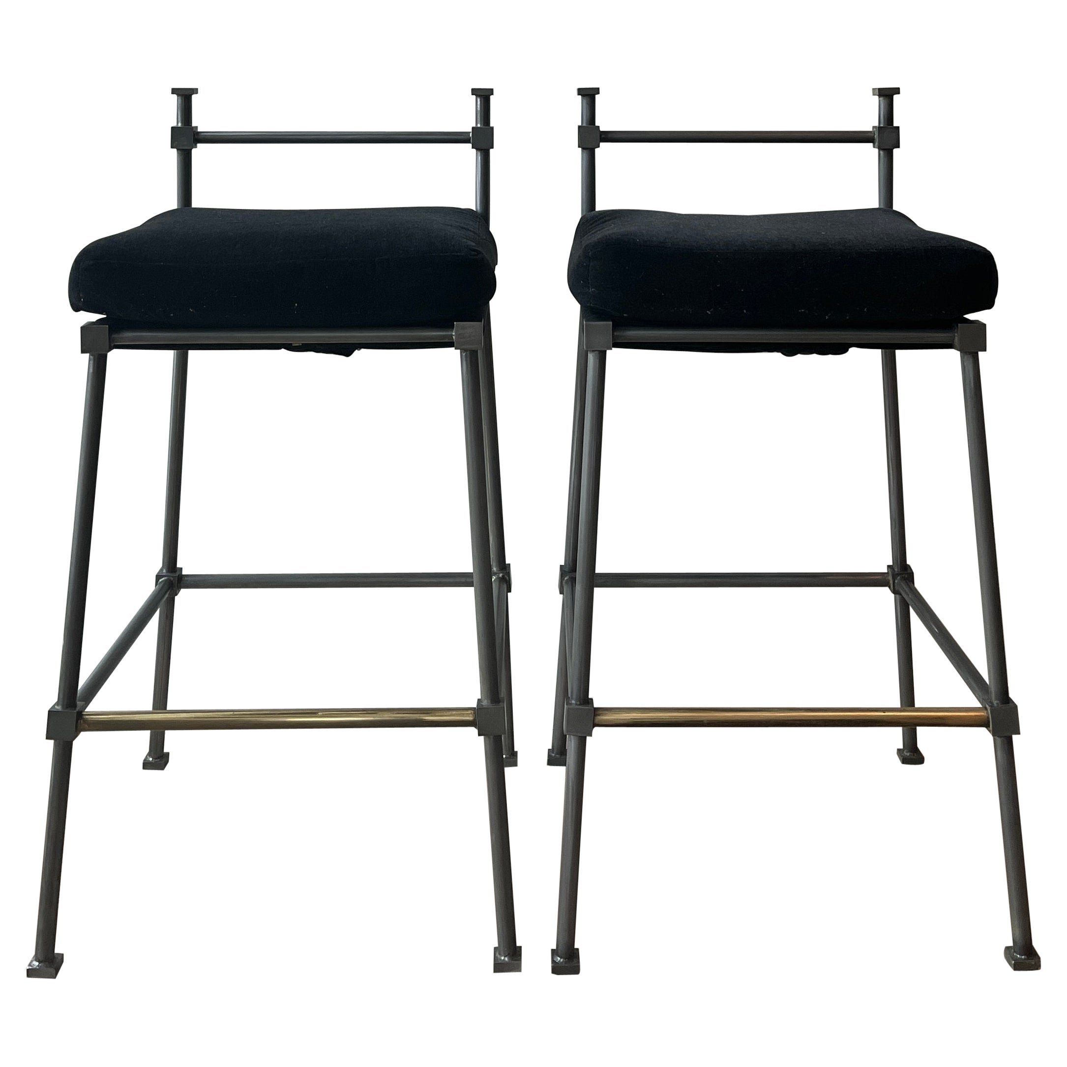 Pair of English Midcentury Bronze Barstools with New Black Wool Velvet Cushions