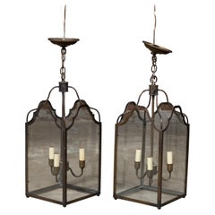 Pair of English Midcentury Bronze Lanterns with Three Lights and Glass Panels