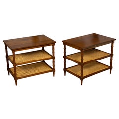 Pair of English Mid-Century Faux Bamboo Walnut Side Tables with Cane Shelves