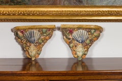 Pair of English Midcentury Majolica Brackets with Seashells and Faux-Bois Decor
