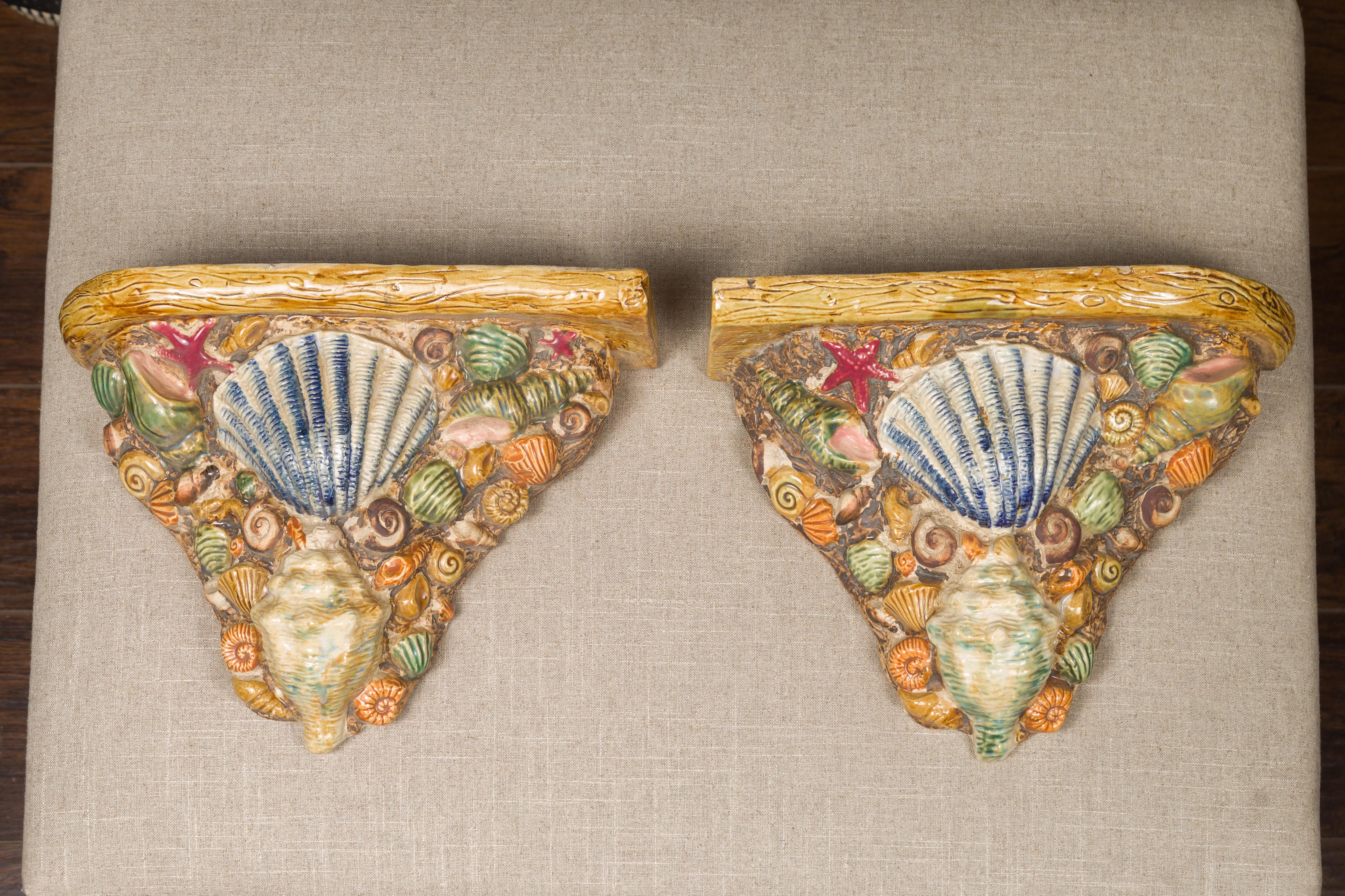 Mid-Century Modern Pair of English Midcentury Majolica Brackets with Seashells and Faux-Bois Decor