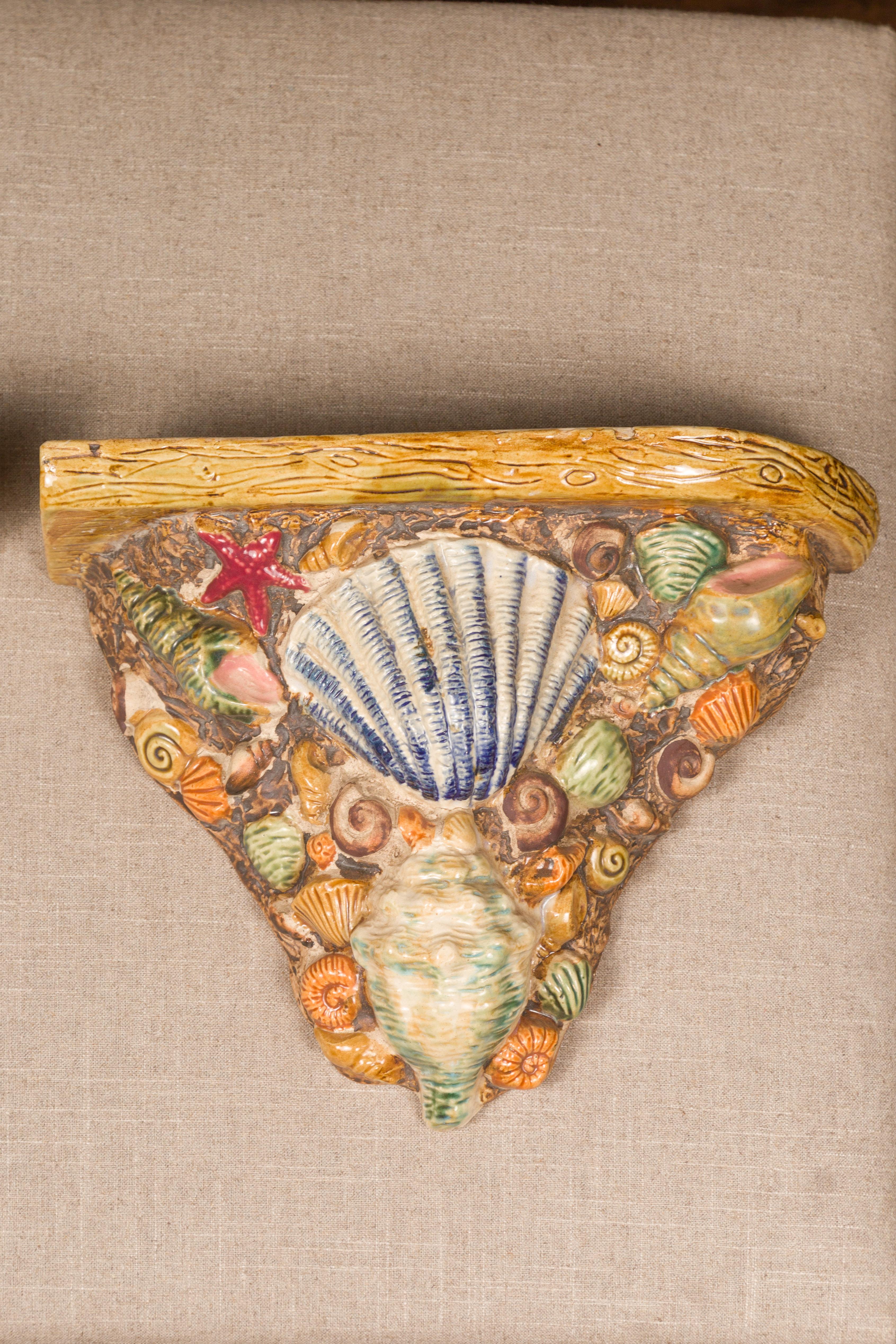 Pair of English Midcentury Majolica Brackets with Seashells and Faux-Bois Decor In Good Condition In Atlanta, GA