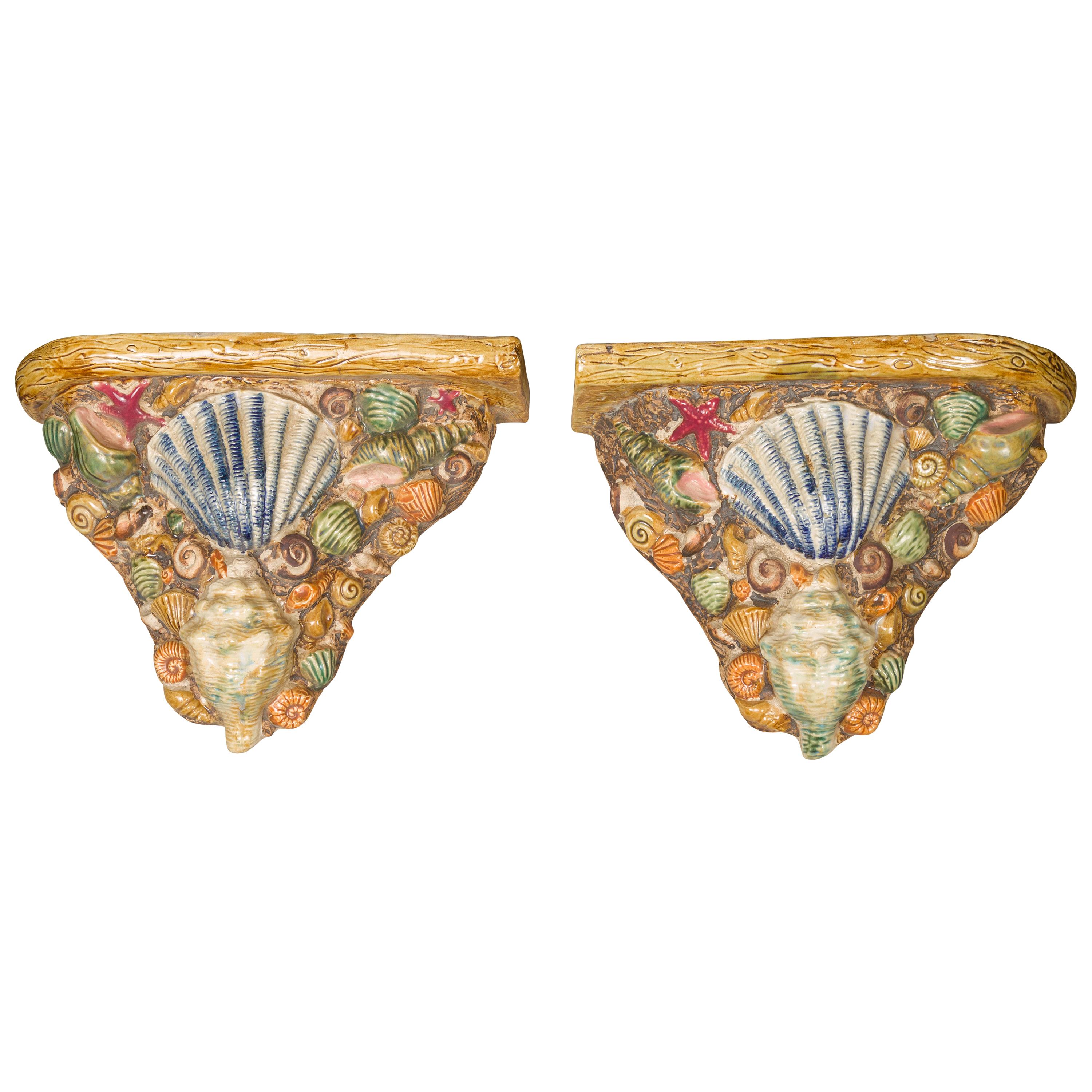 Pair of English Midcentury Majolica Brackets with Seashells and Faux-Bois Decor