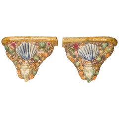 Pair of English Midcentury Majolica Brackets with Seashells and Faux-Bois Decor