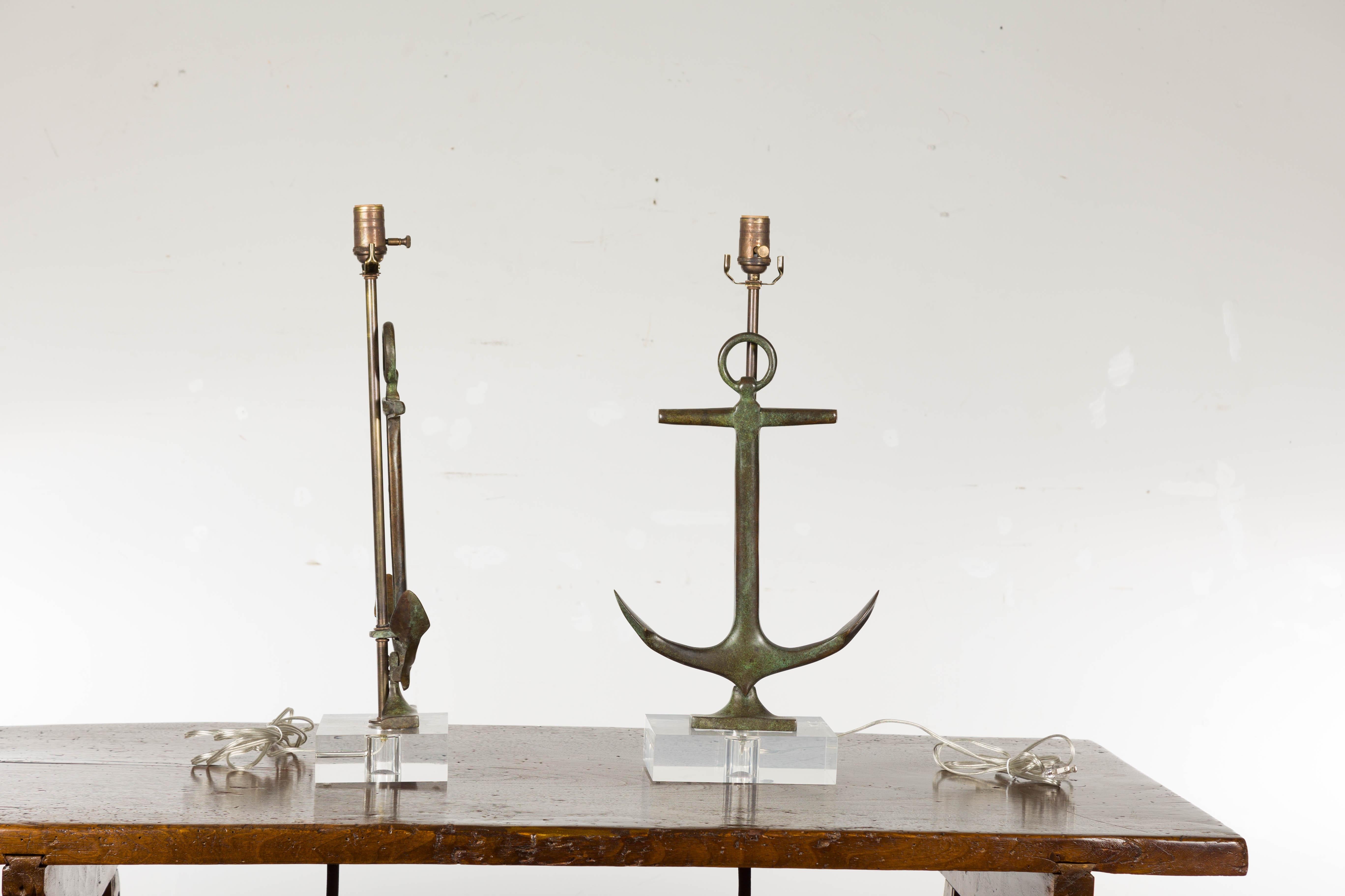 Pair of English Midcentury Nautical Bronze Anchor Lamps on Custom Lucite Bases 4