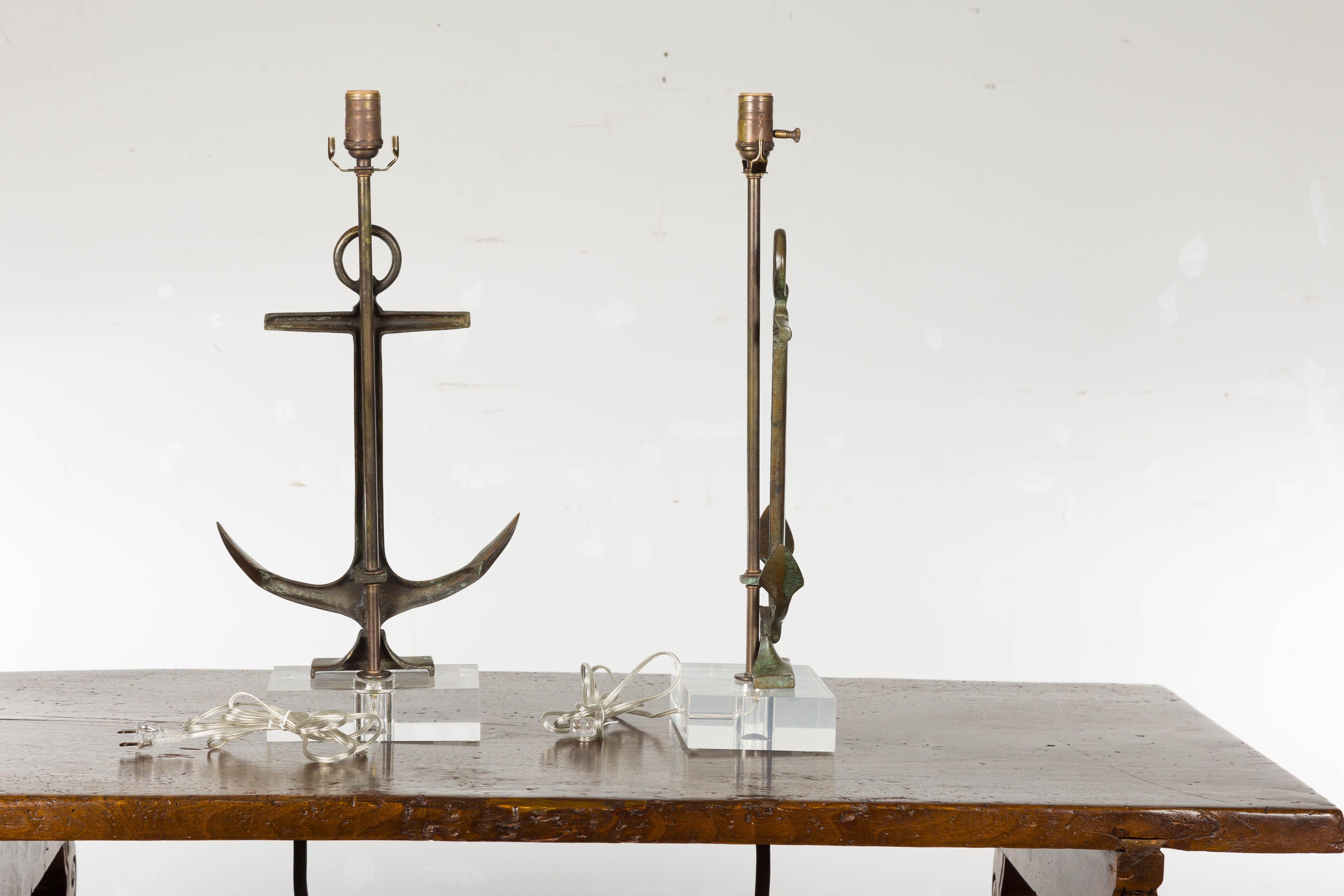 Pair of English Midcentury Nautical Bronze Anchor Lamps on Custom Lucite Bases 5