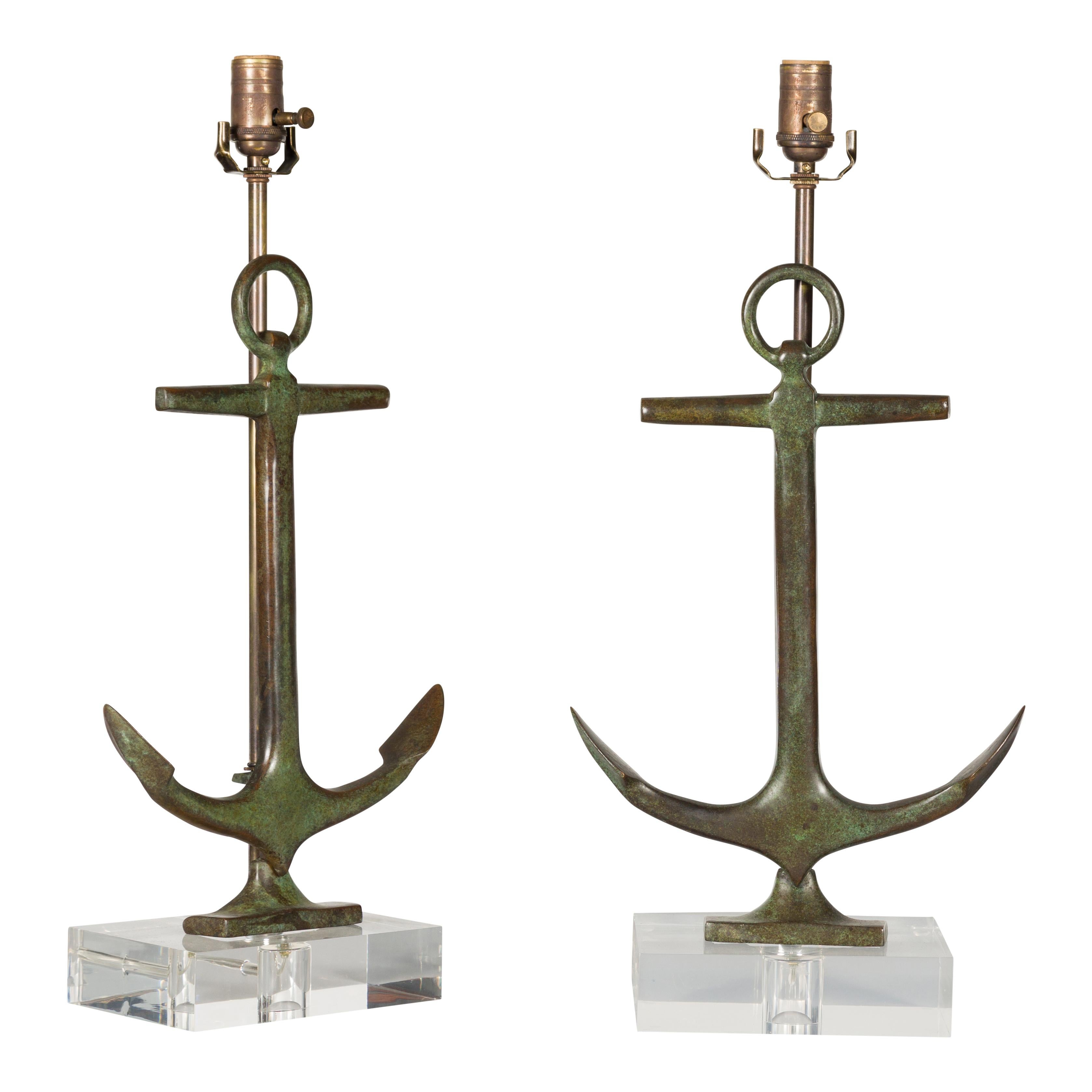 Pair of English Midcentury Nautical Bronze Anchor Lamps on Custom Lucite Bases 8