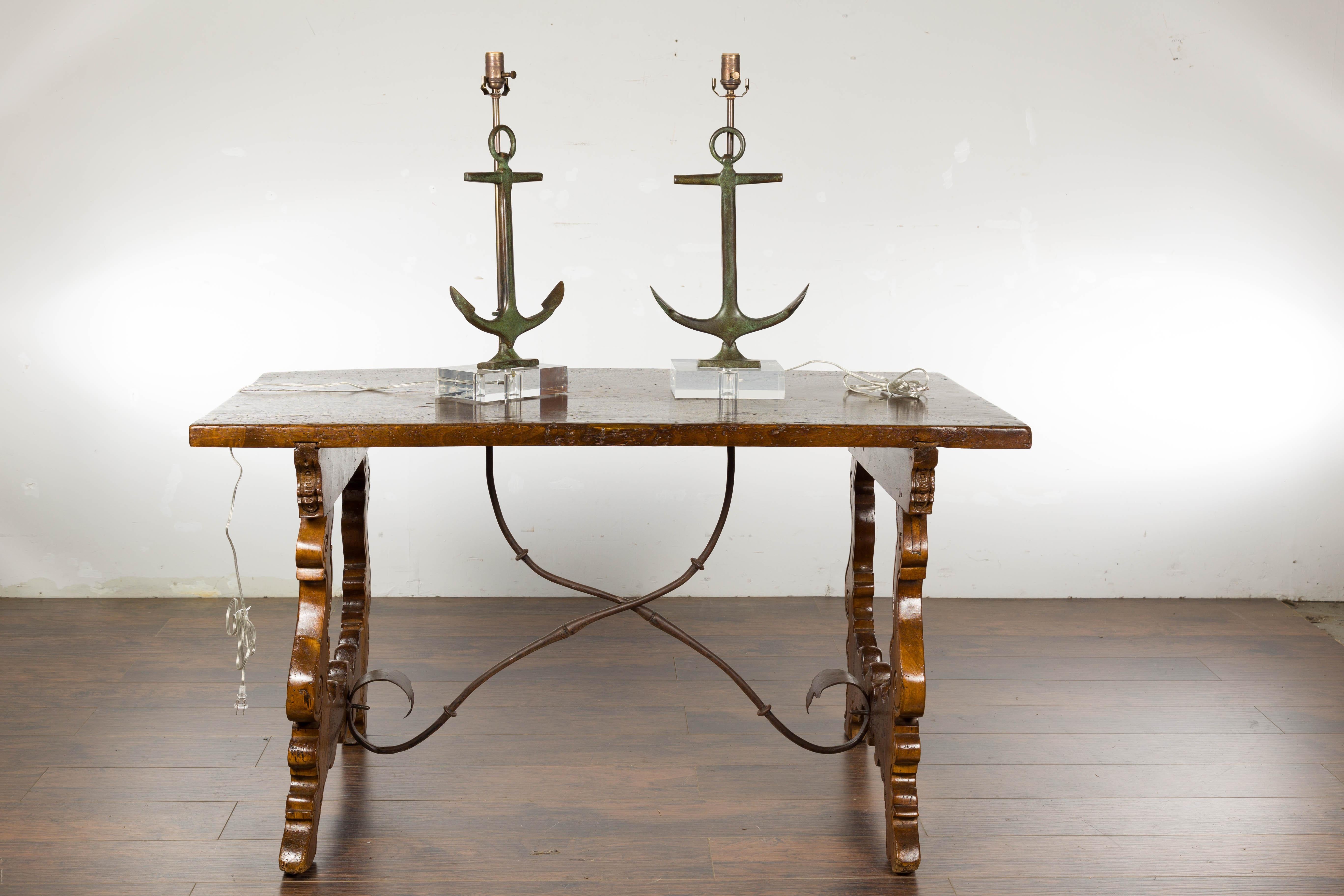 Mid-Century Modern Pair of English Midcentury Nautical Bronze Anchor Lamps on Custom Lucite Bases