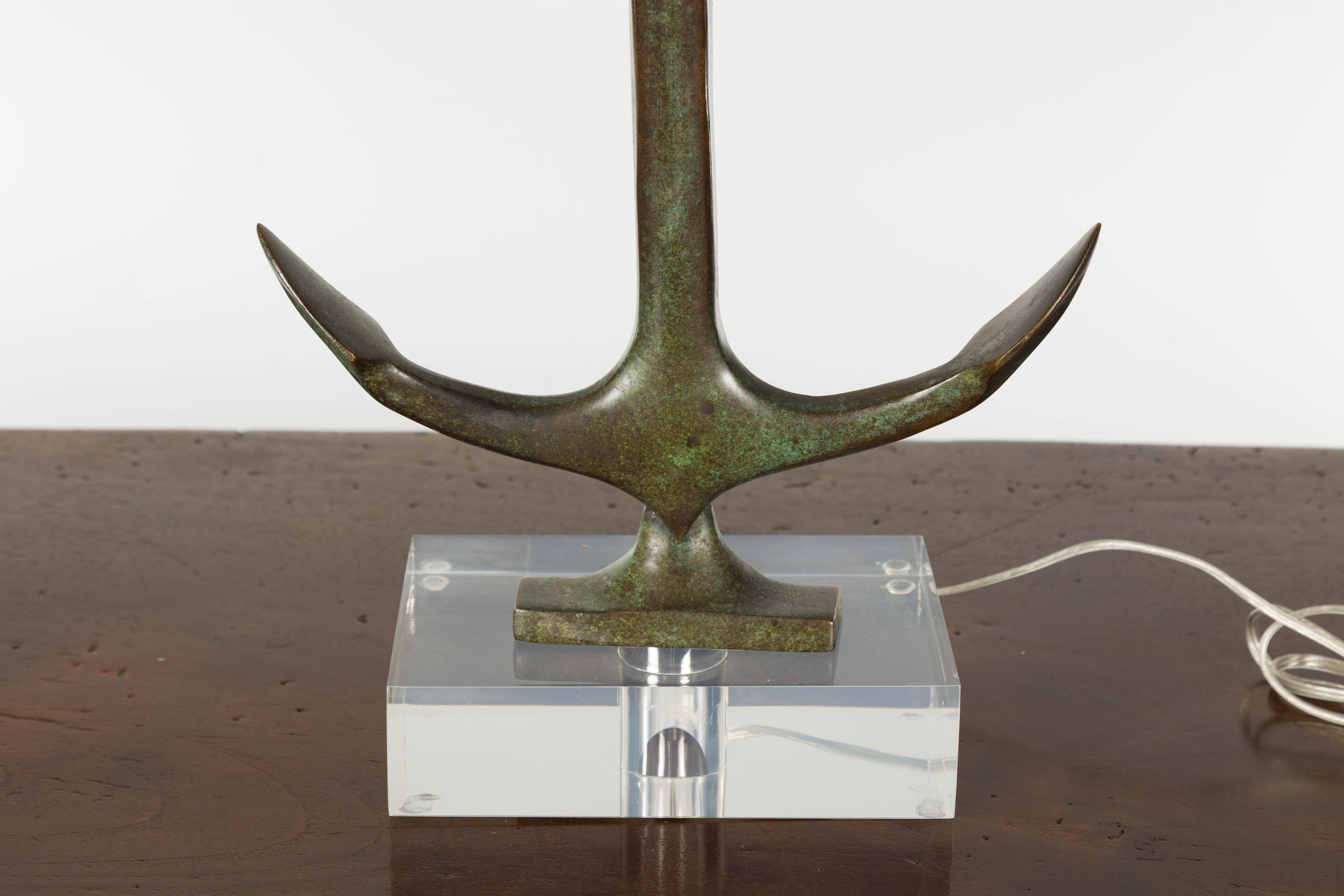 20th Century Pair of English Midcentury Nautical Bronze Anchor Lamps on Custom Lucite Bases