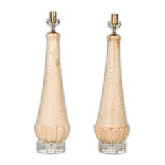 Pair of English Midcentury Pine Table Lamps with Natural Finish and Lucite Bases