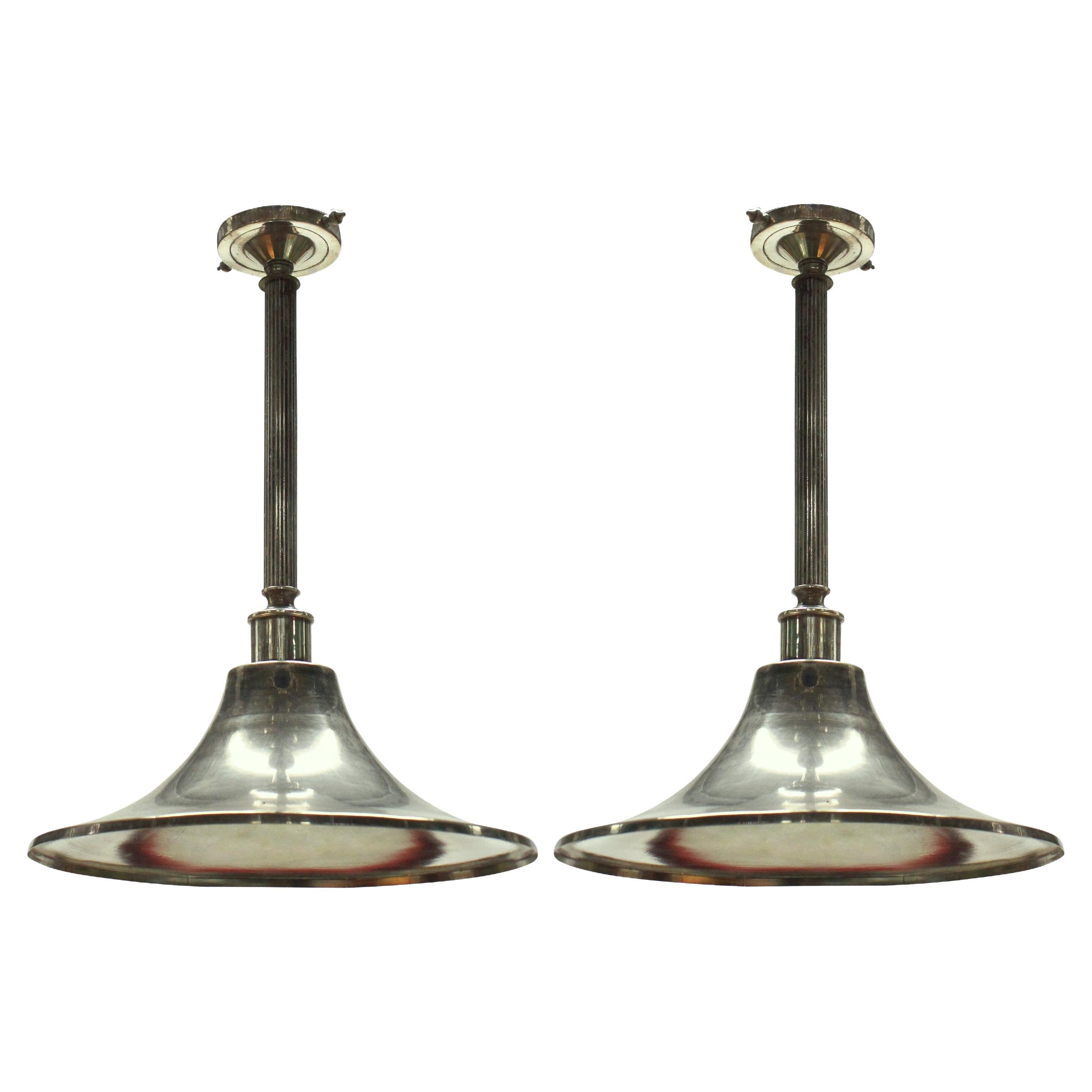 Pair Of English Midcentury Silver Hanging Lights For Sale