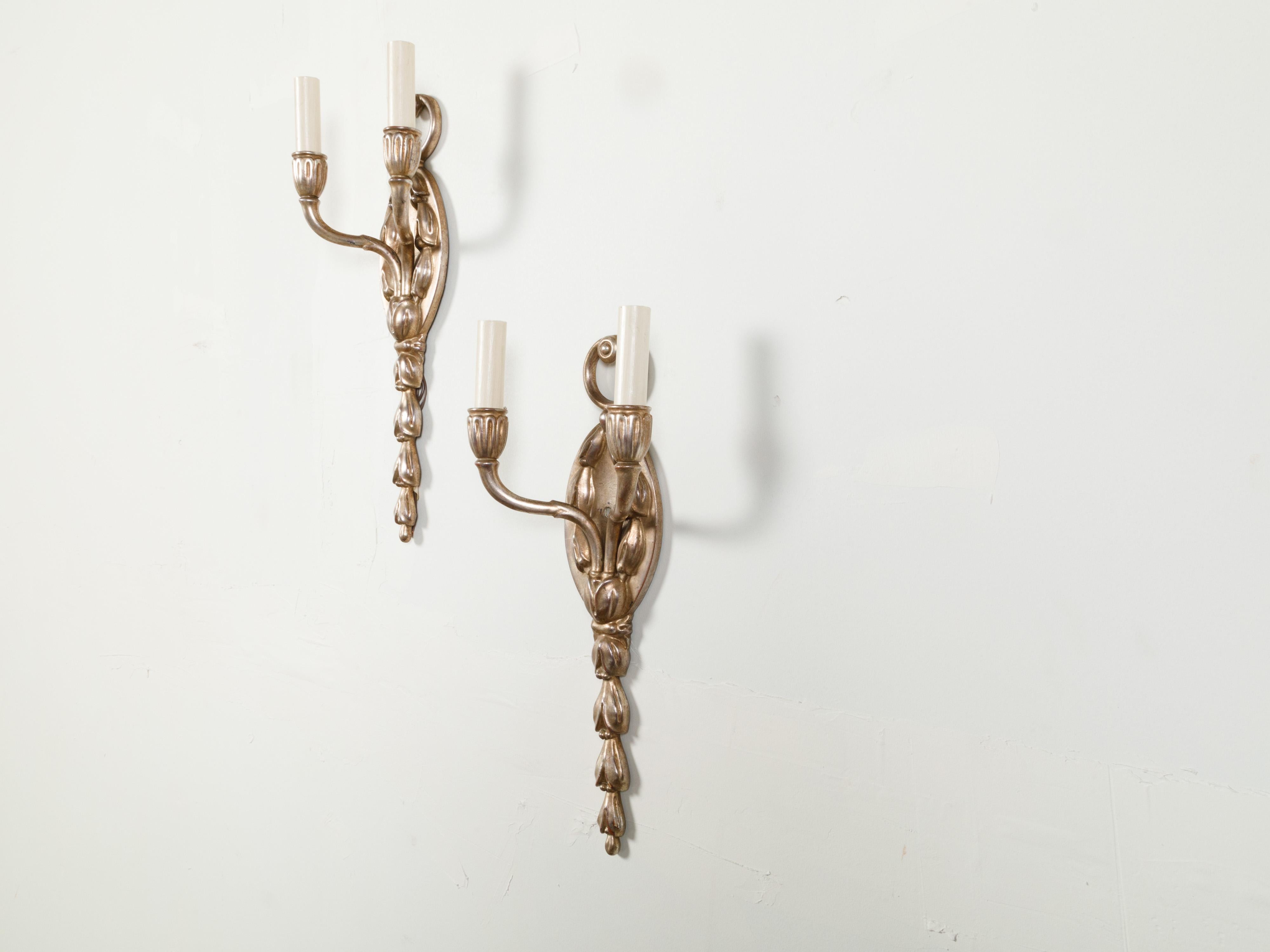 20th Century Pair of English Midcentury Silver Plated Two-Light Wall Sconces with Foliage For Sale