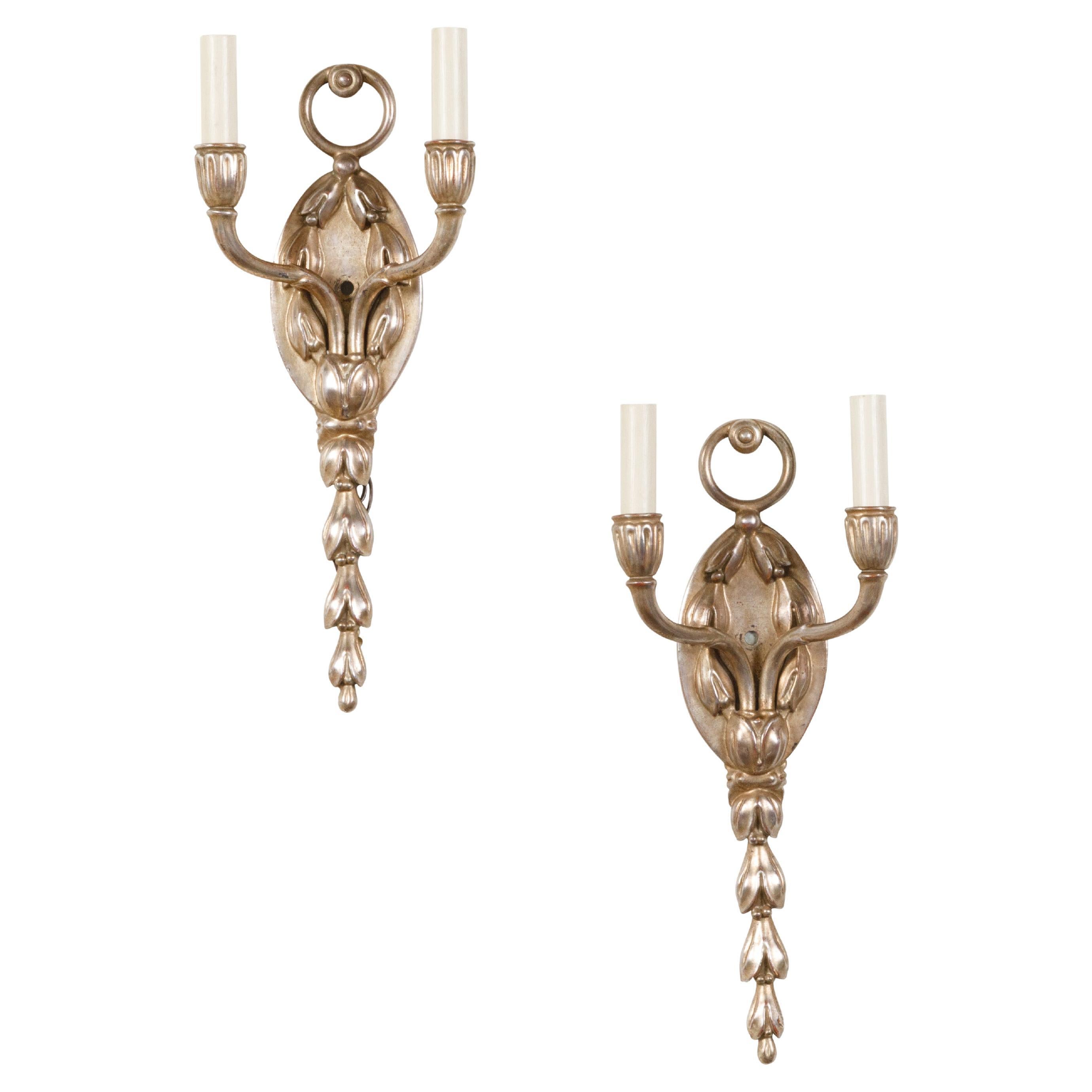 Pair of English Midcentury Silver Plated Two-Light Wall Sconces with Foliage For Sale