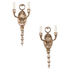 Pair of English Midcentury Silver Plated Two-Light Wall Sconces with Foliage