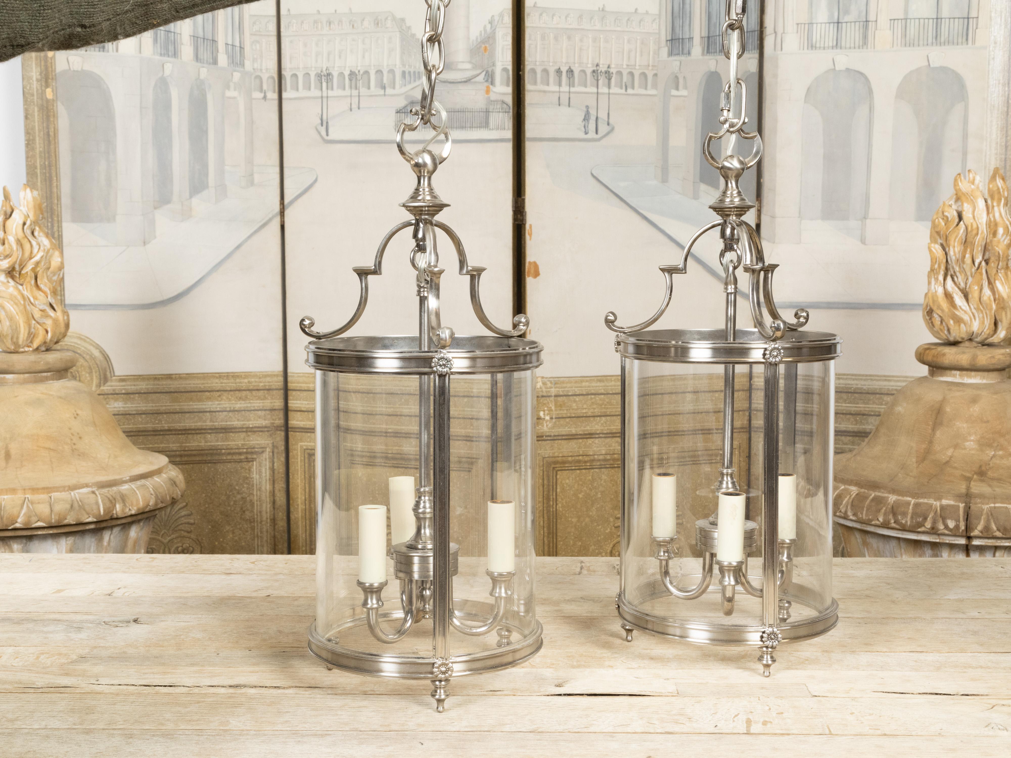 Metal Pair of English Mid-Century Three-Light Nickel Finish Hall Lanterns with Glass For Sale