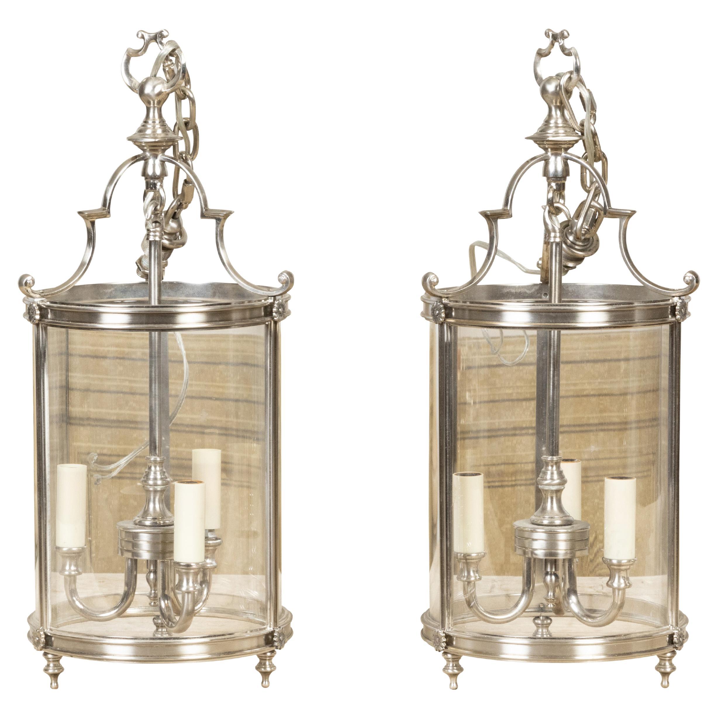 Pair of English Mid-Century Three-Light Nickel Finish Hall Lanterns with Glass For Sale