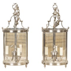 Retro Pair of English Mid-Century Three-Light Nickel Finish Hall Lanterns with Glass
