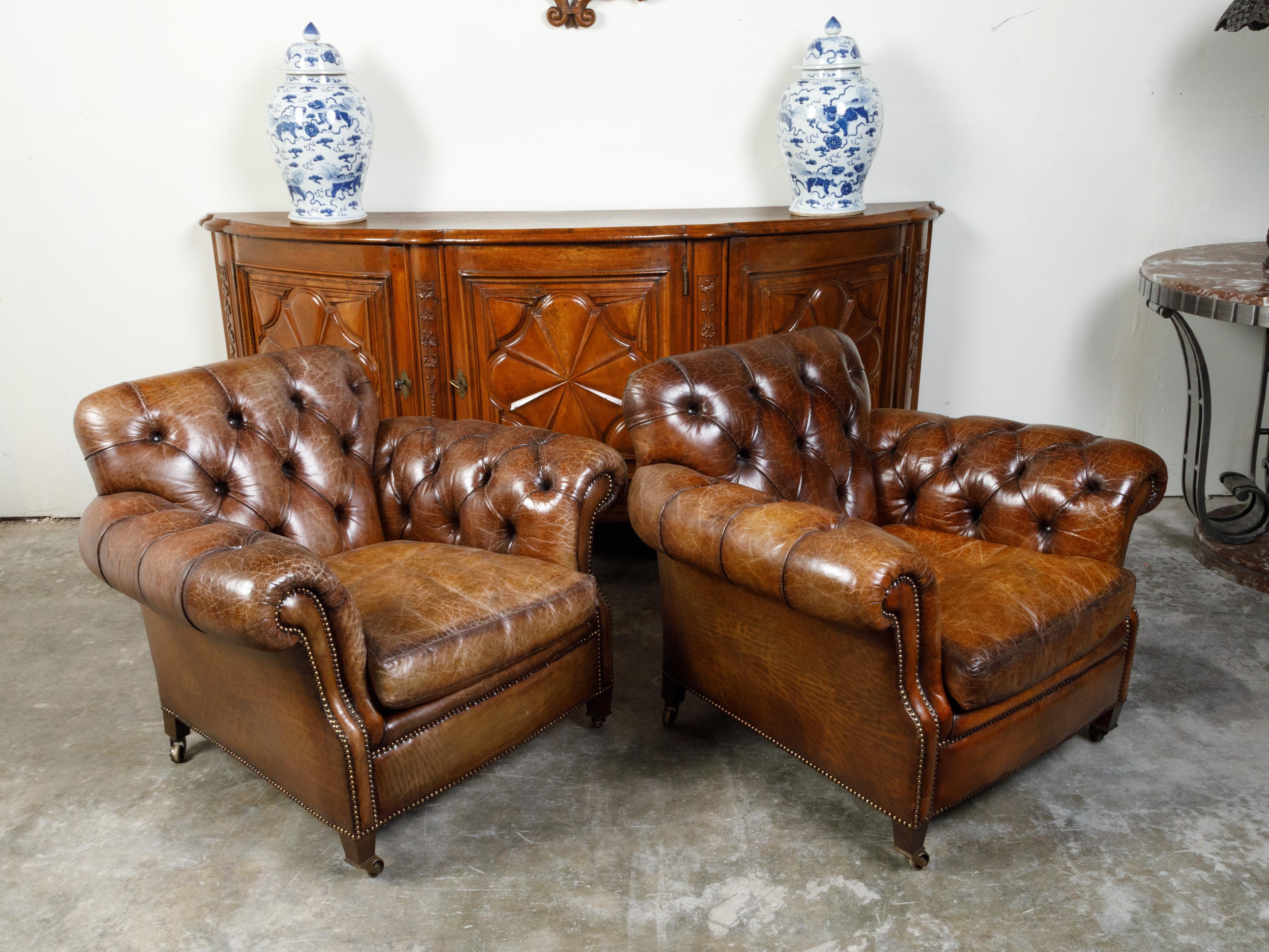 Pair of English Midcentury Tufted Leather Club Chairs with Nailheads and Casters 6