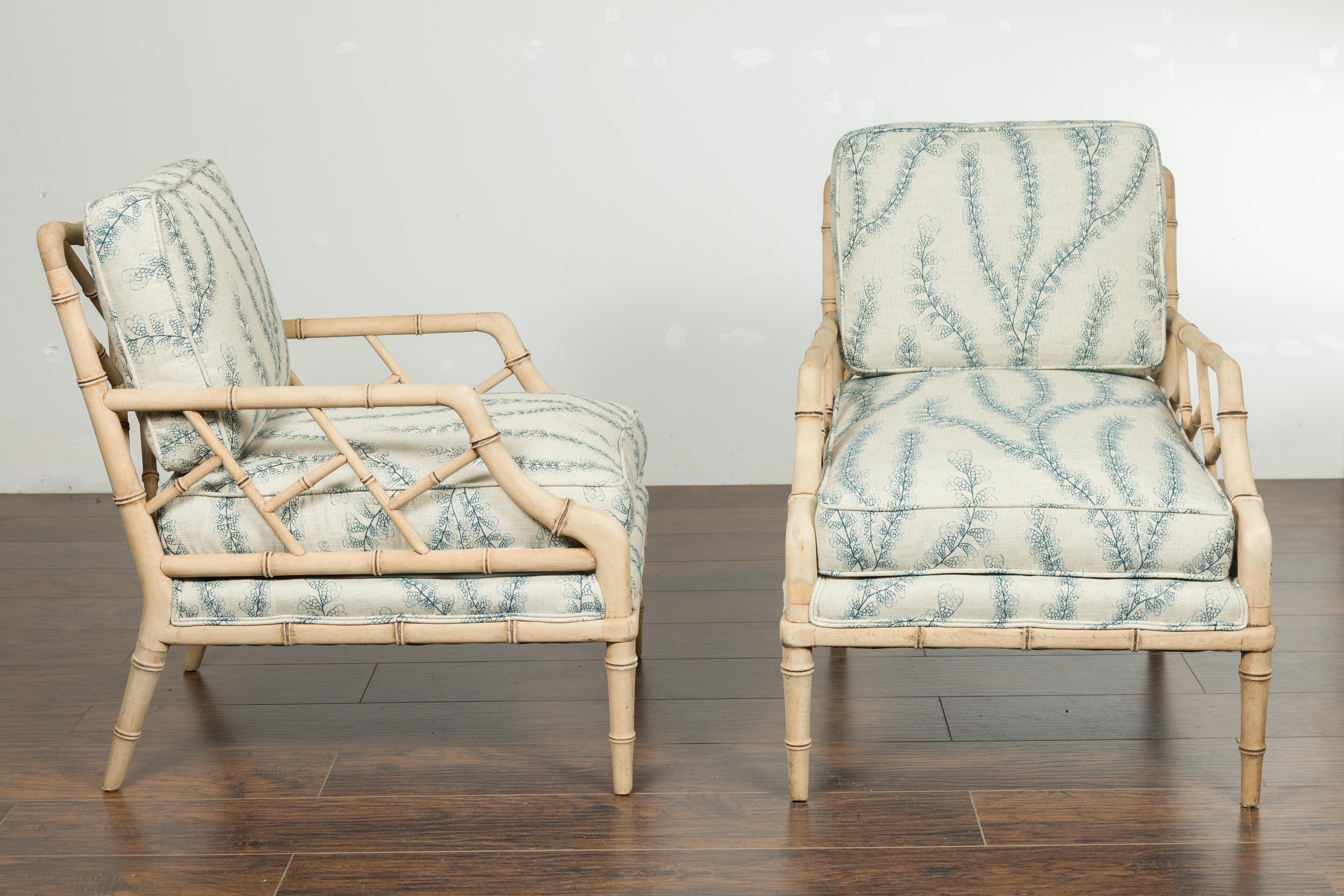 Pair of English Midcentury Walnut Faux Bamboo Lounge Chairs with Upholstery 2