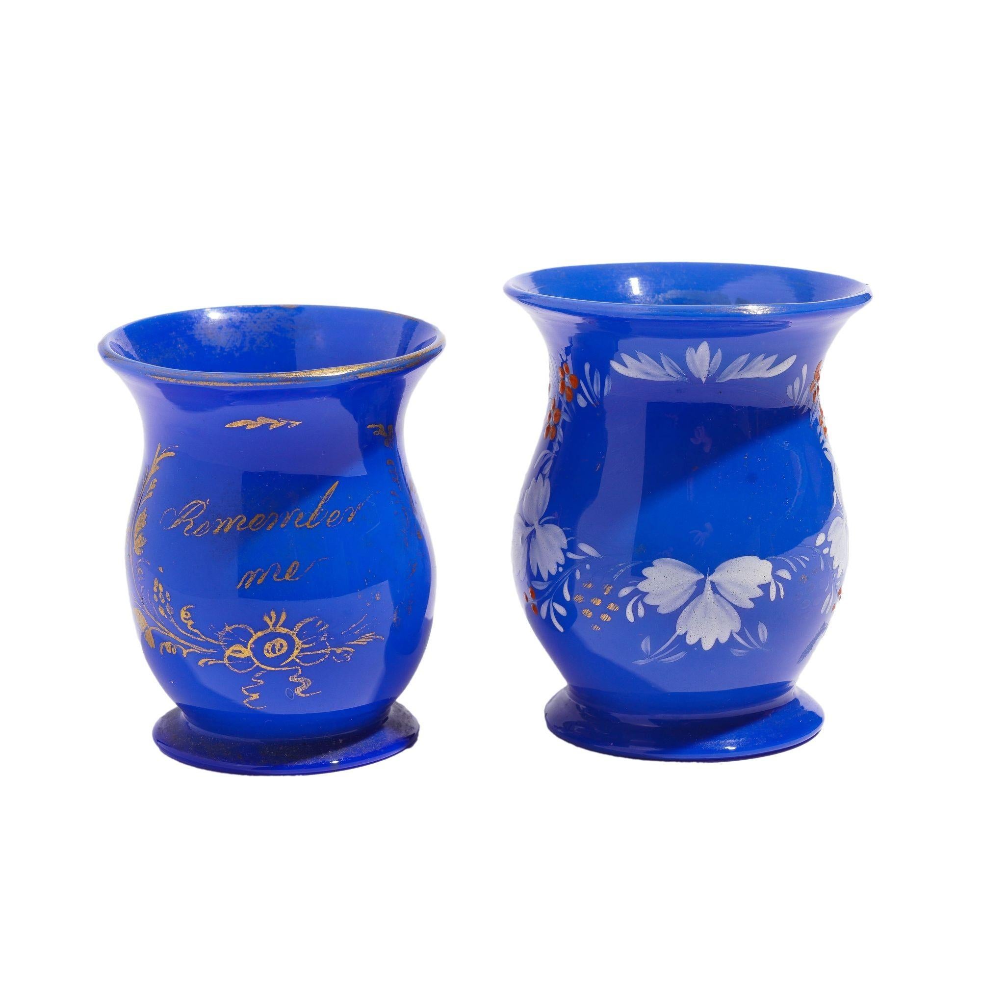 British Pair of English miniature blue opaline blown glass mugs, c. 1830 For Sale