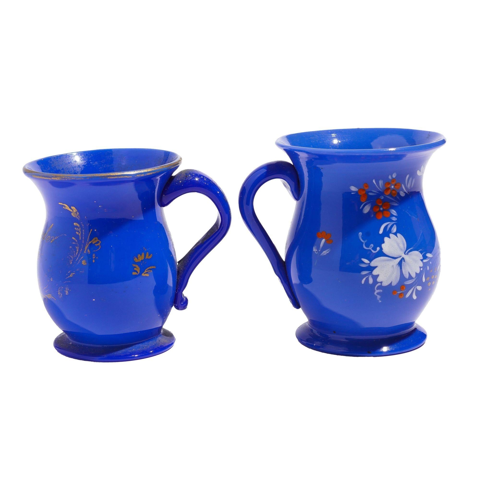 Pair of English miniature blue opaline blown glass mugs, c. 1830 In Good Condition For Sale In Kenilworth, IL