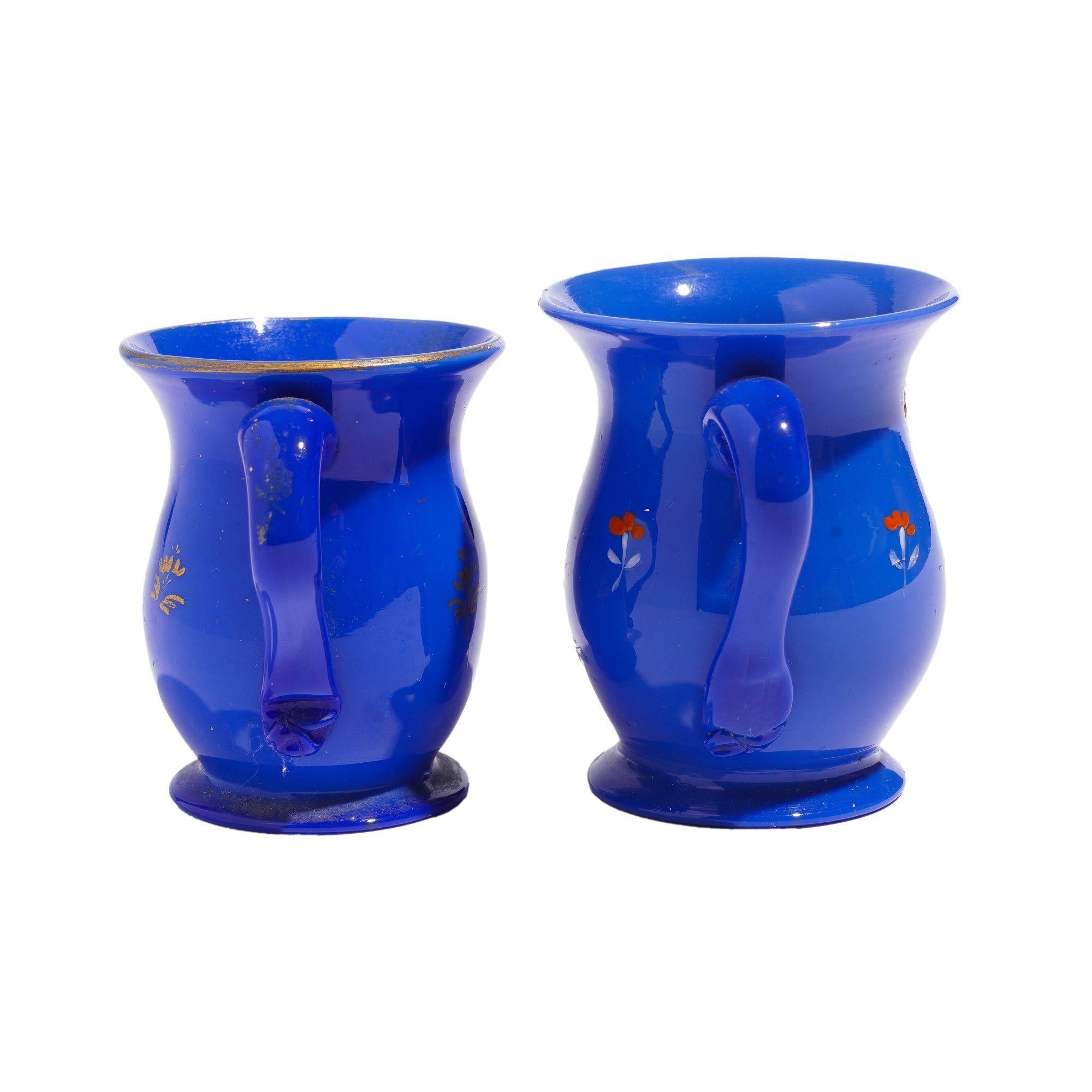 19th Century Pair of English miniature blue opaline blown glass mugs, c. 1830 For Sale