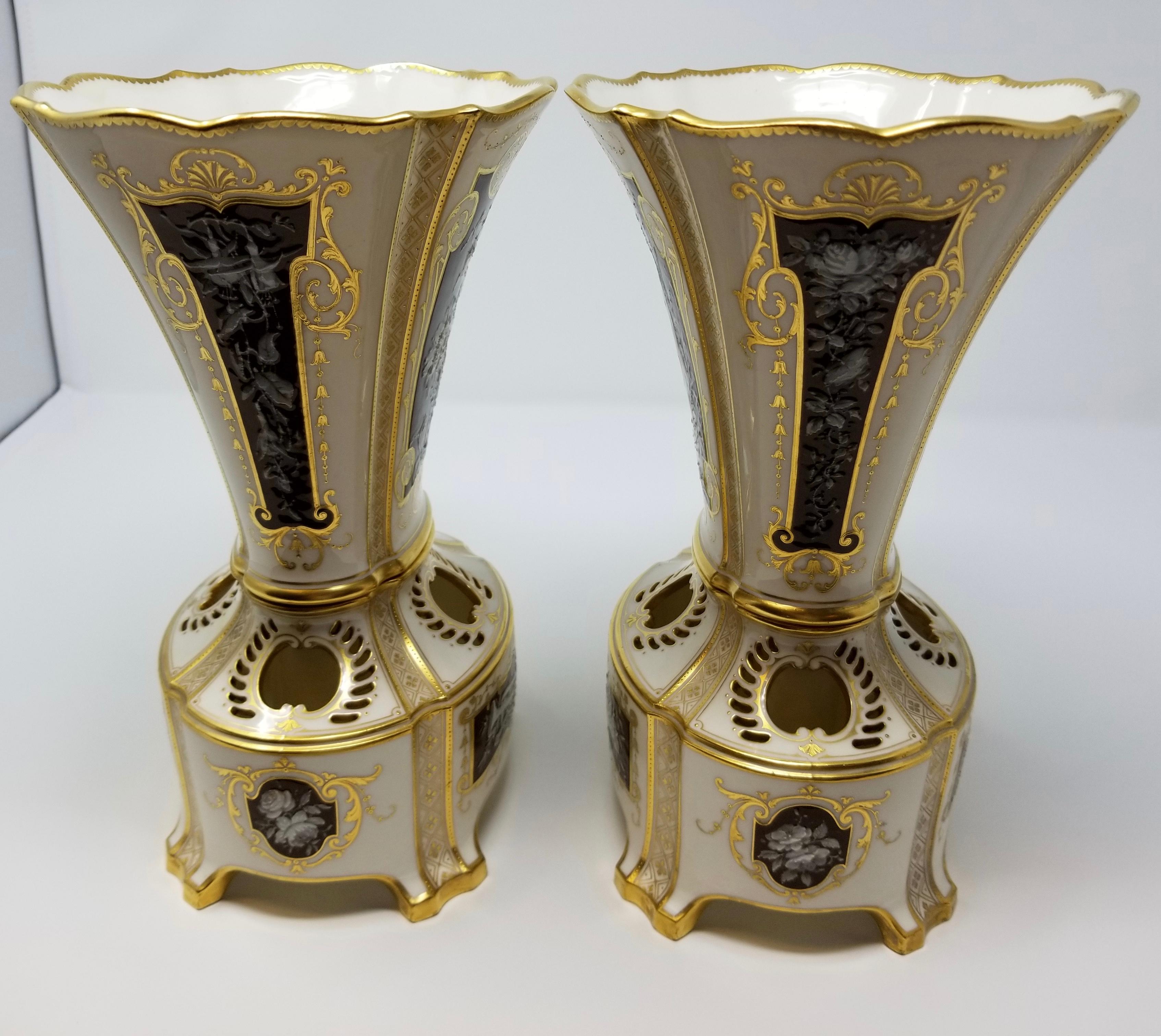 Gilt Pair of English Mintons Porcelain Pate Sur Pate Vases Signed Ab, Albion Birks