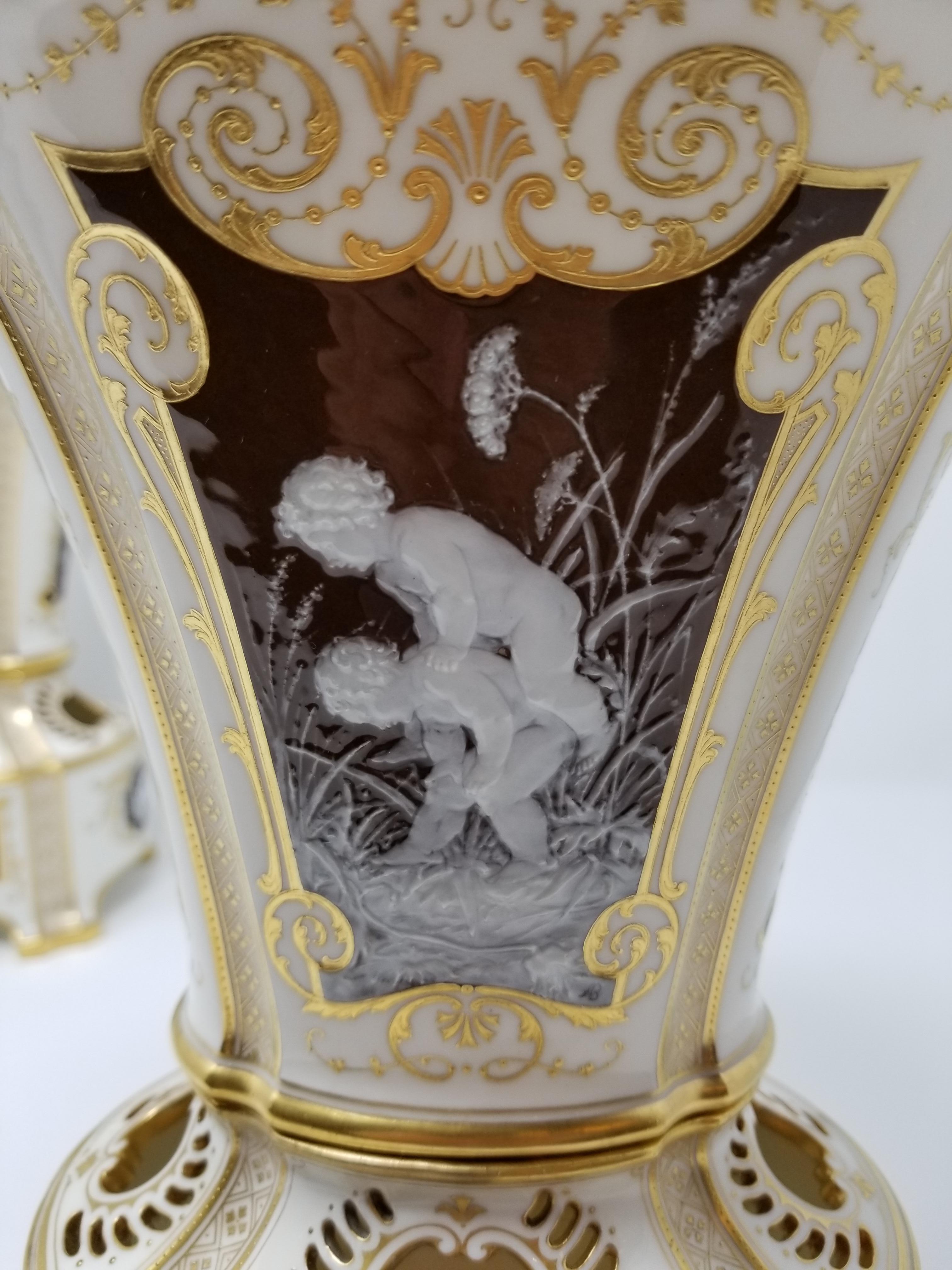 Pair of English Mintons Porcelain Pate Sur Pate Vases Signed Ab, Albion Birks 1