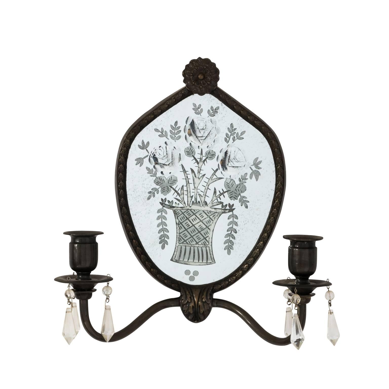 Pair of etched mirrored back candle sconces with crystal drops and two arms, circa early 20th century.
 