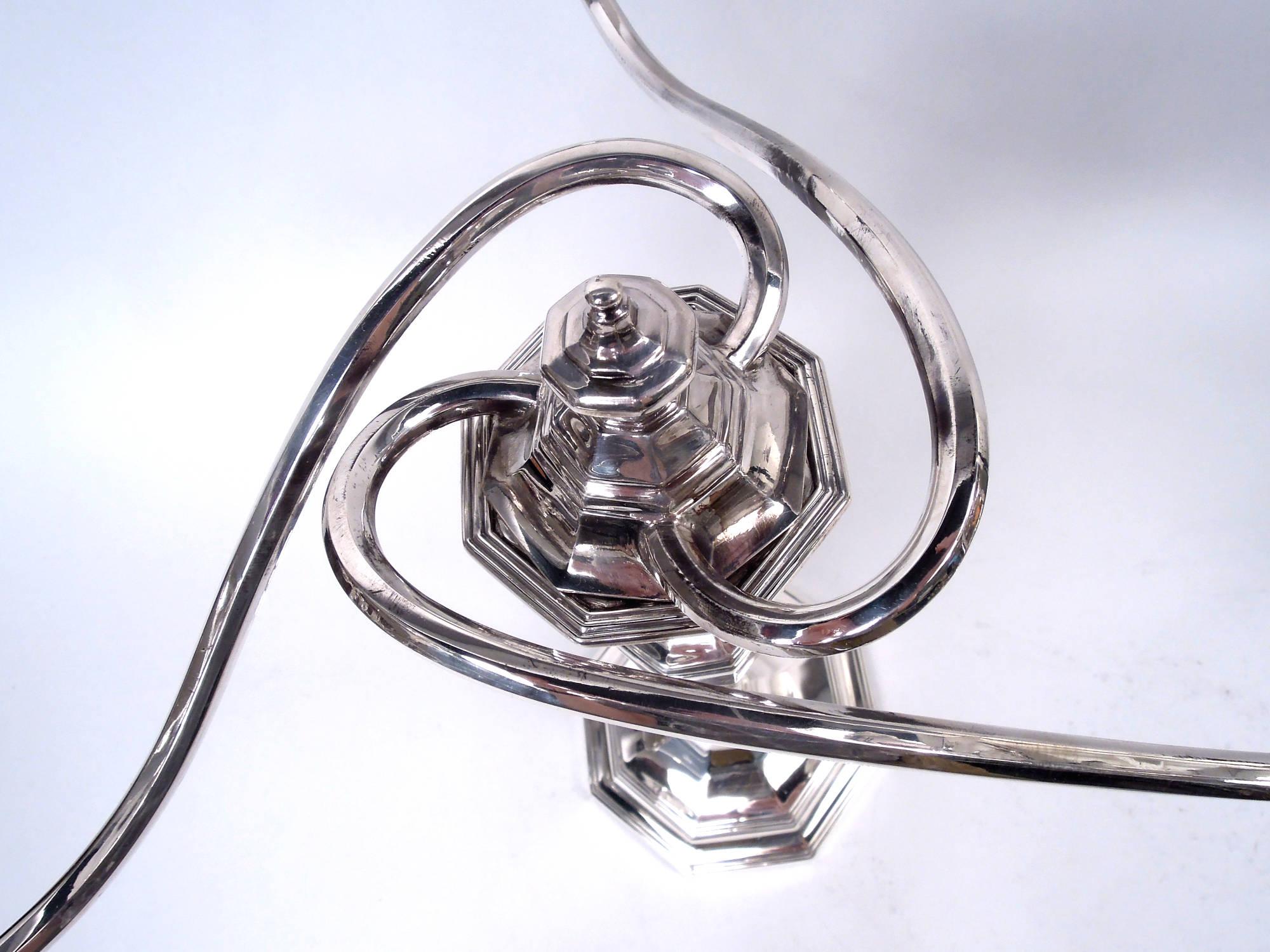 British Pair of English Modern Classical Sterling Silver 3-Light Candelabra, 1926-1928 For Sale