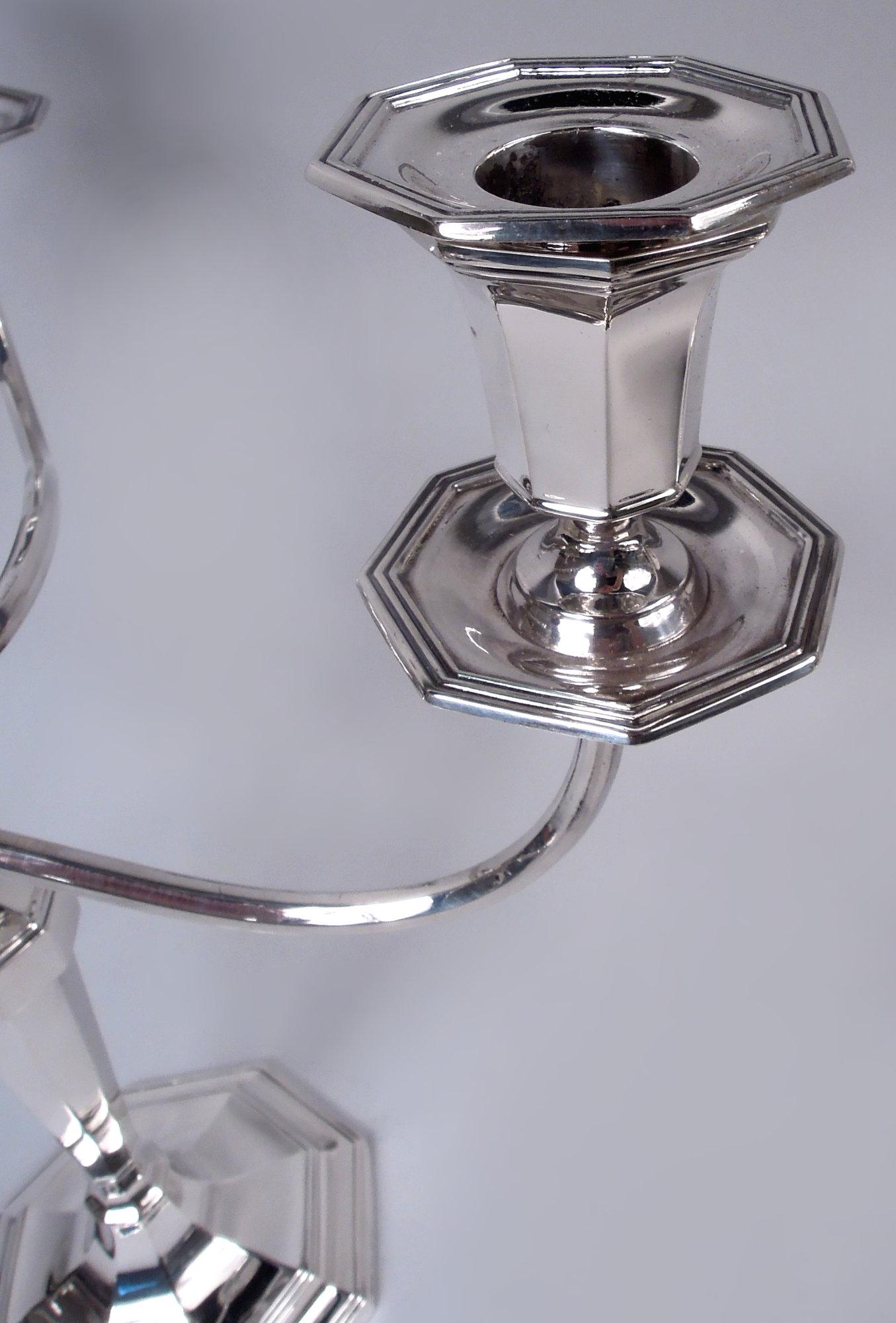 Pair of English Modern Classical Sterling Silver 3-Light Candelabra, 1926-1928 In Good Condition For Sale In New York, NY