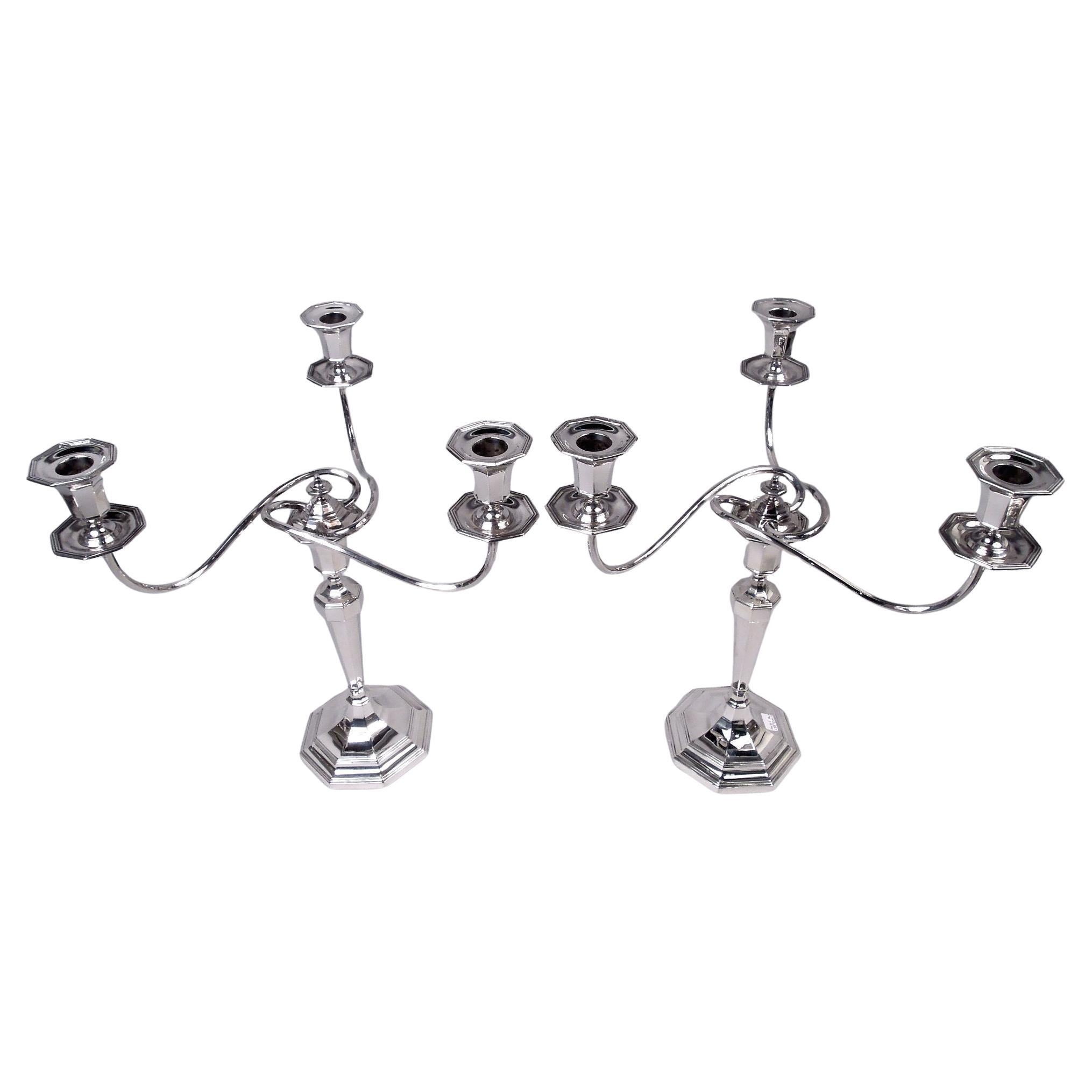 Pair of English Modern Classical Sterling Silver 3-Light Candelabra, 1926-1928 For Sale