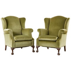 Vintage Pair of English Mohair Chippendale Style Wingback Chairs