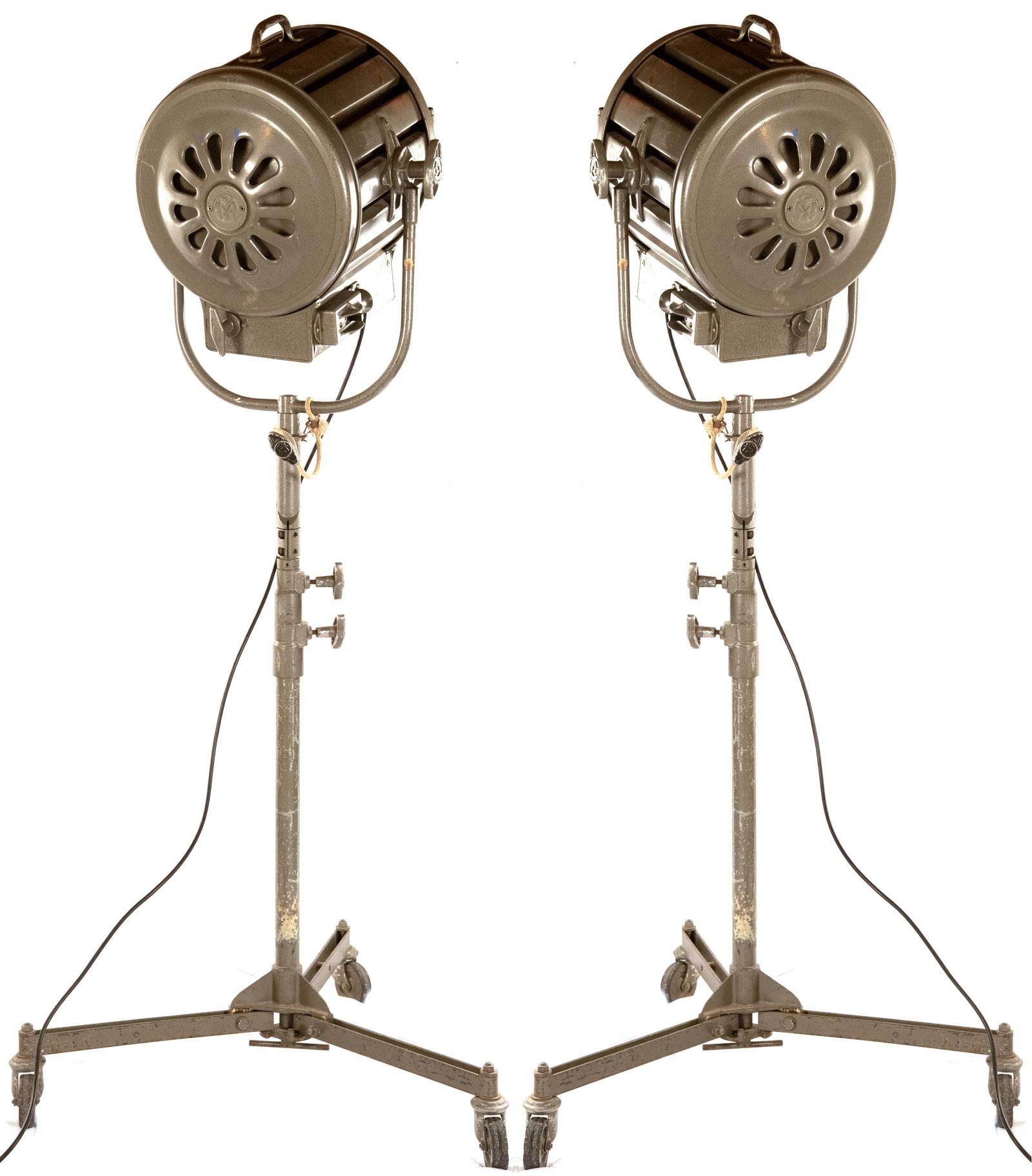 Two Mole-Richardson Type 410 Solar Spot movie set lights.  Design from the 1930s.