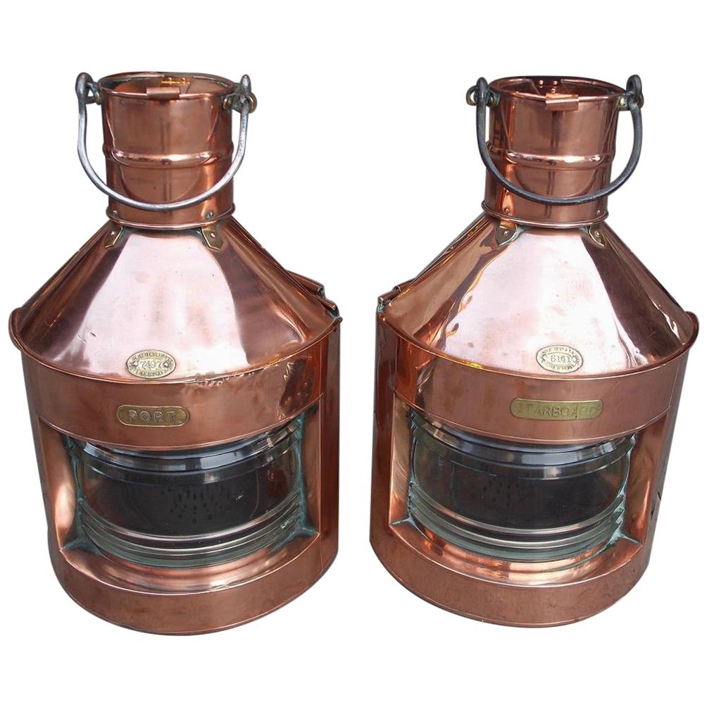 Pair of English Nautical Copper & Brass Ship Lanterns, Griffiths & Sons. C. 1880