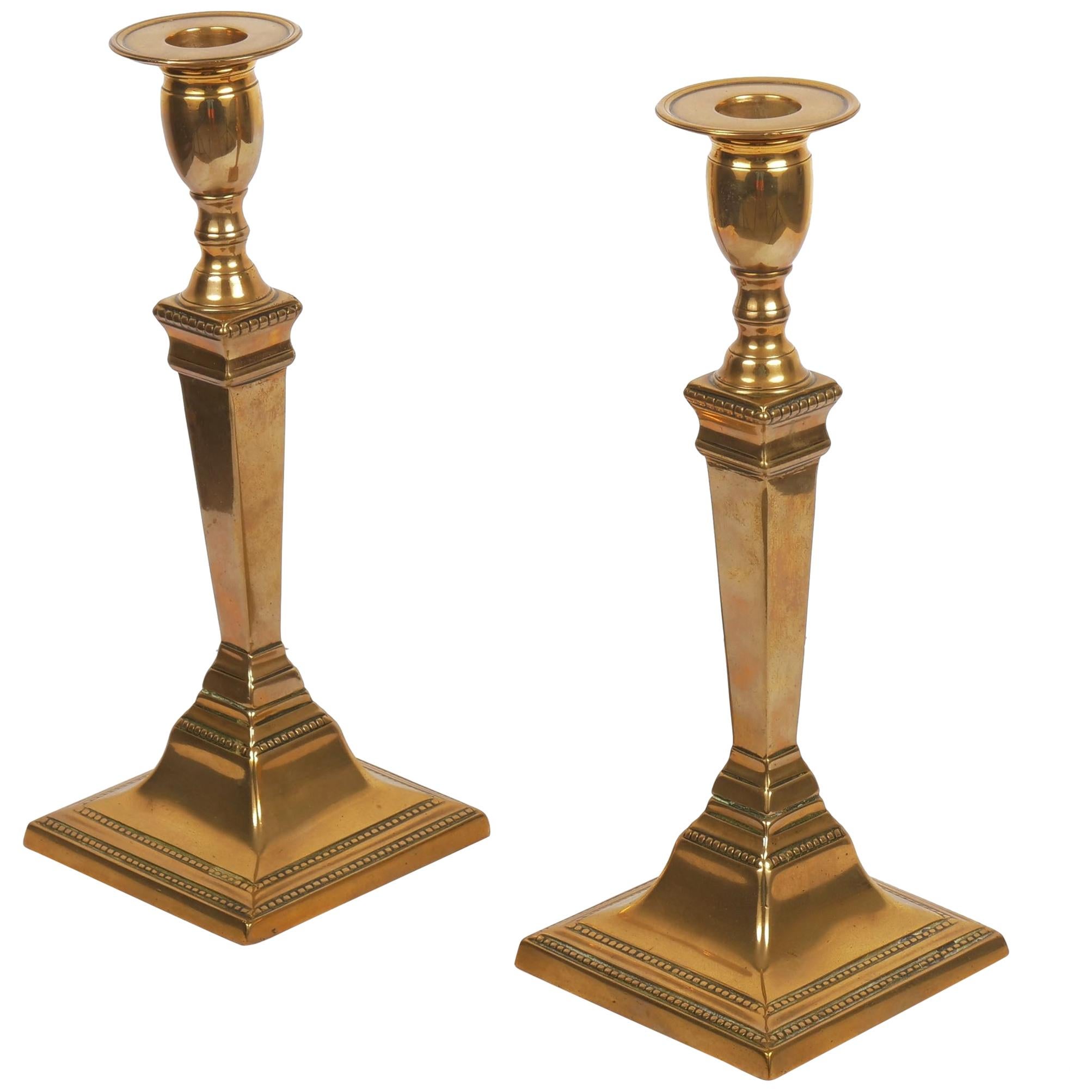Pair of English Neoclassical Antique Brass Candlesticks, circa 18th-19th Century