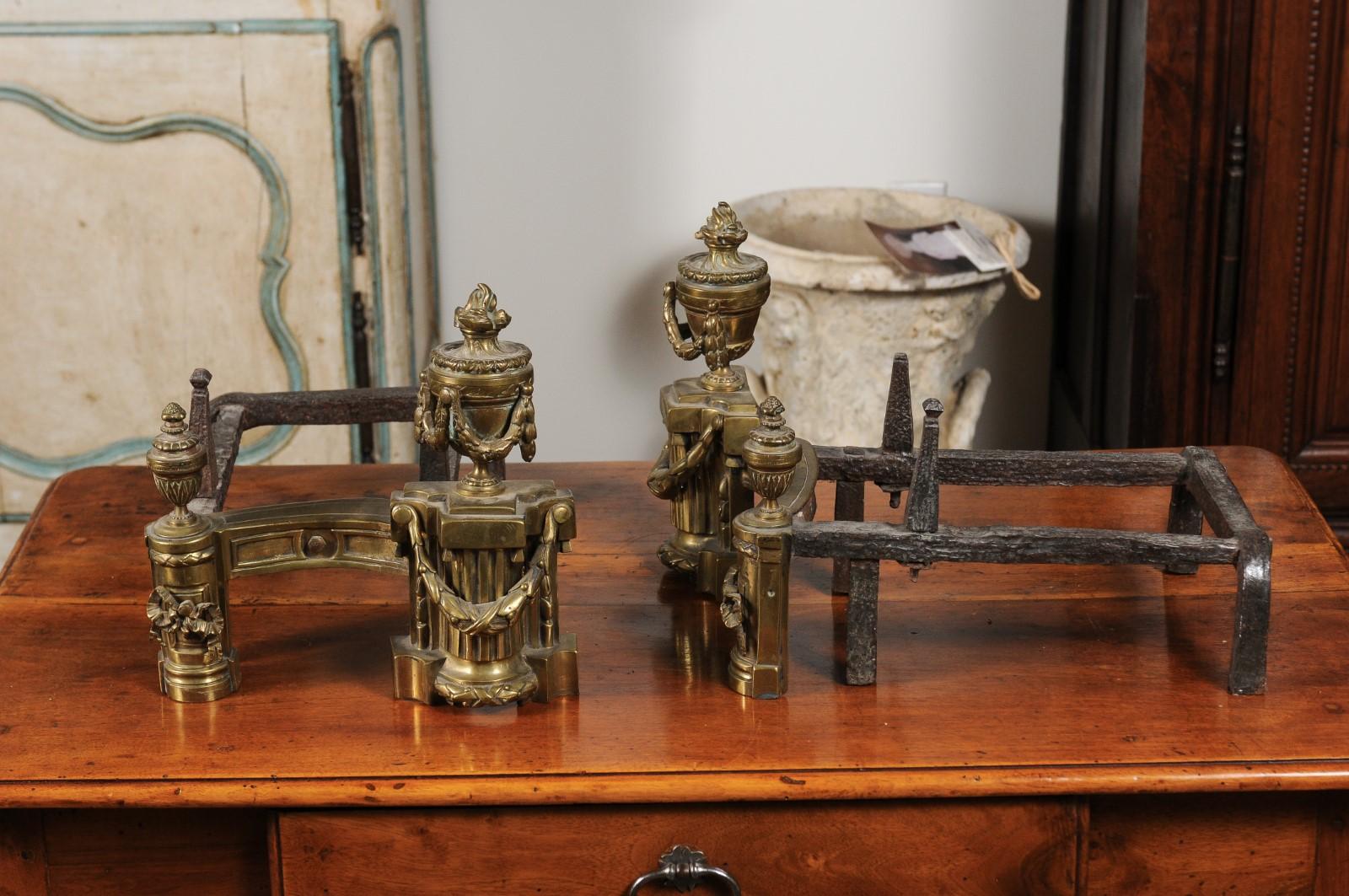 Pair of English Neoclassical Style Brass Andirons circa 1860 with Fire Urns For Sale 6