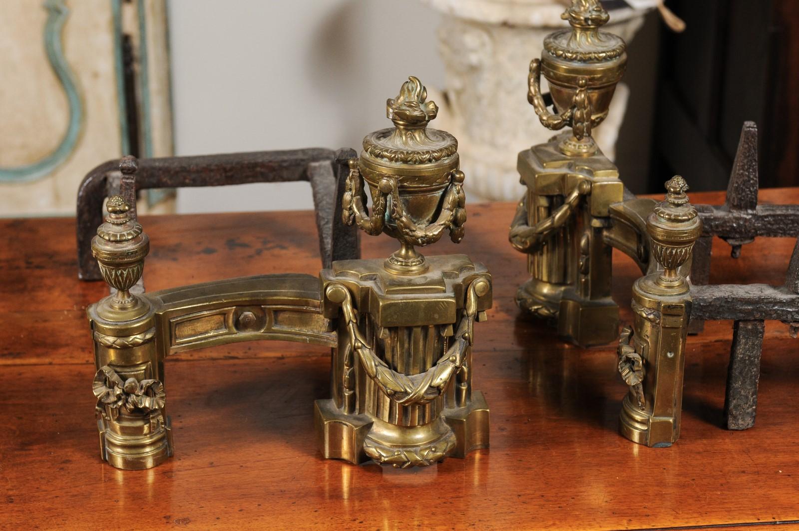 Pair of English Neoclassical Style Brass Andirons circa 1860 with Fire Urns For Sale 7