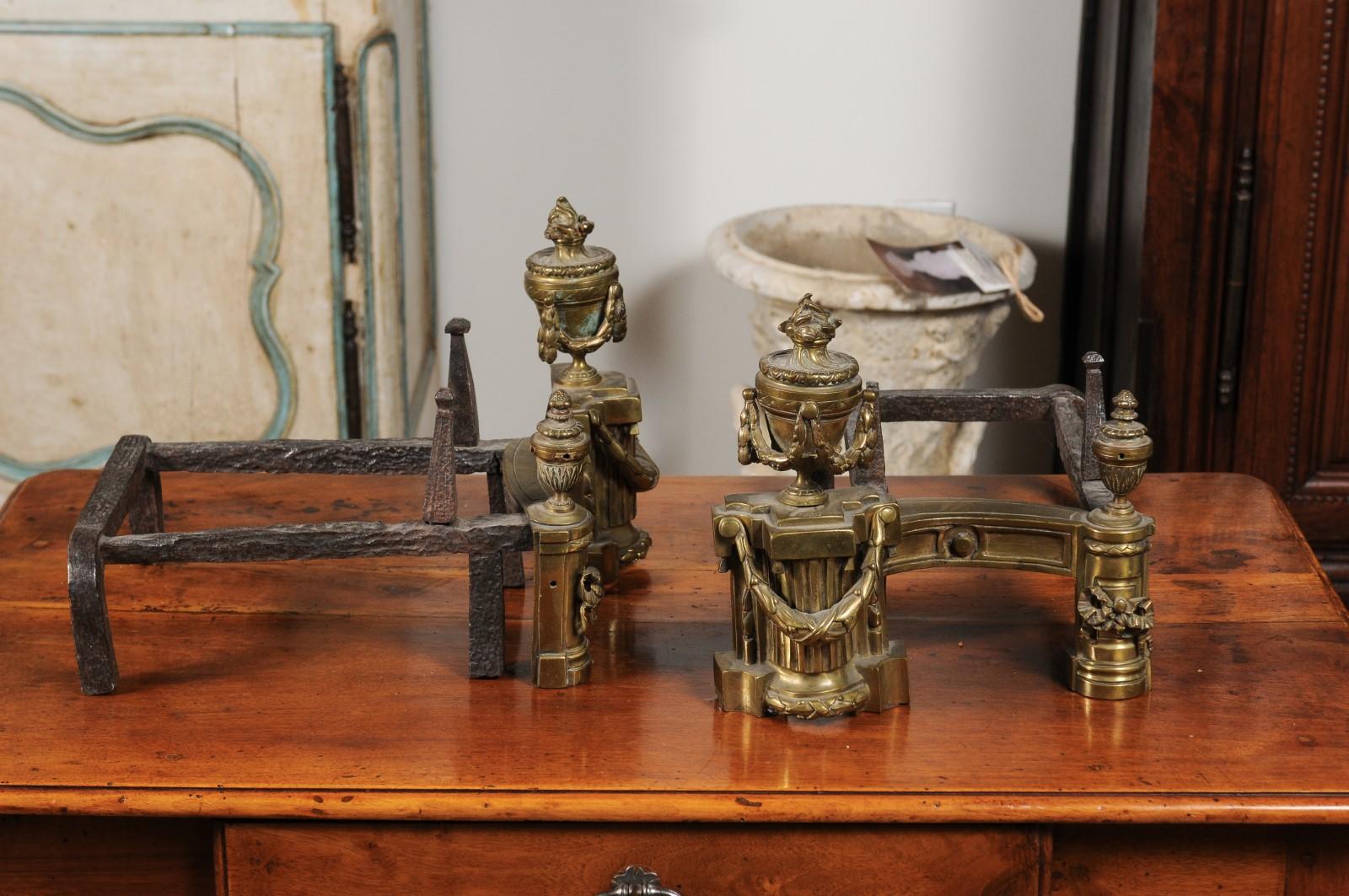 Pair of English Neoclassical Style Brass Andirons circa 1860 with Fire Urns For Sale 2