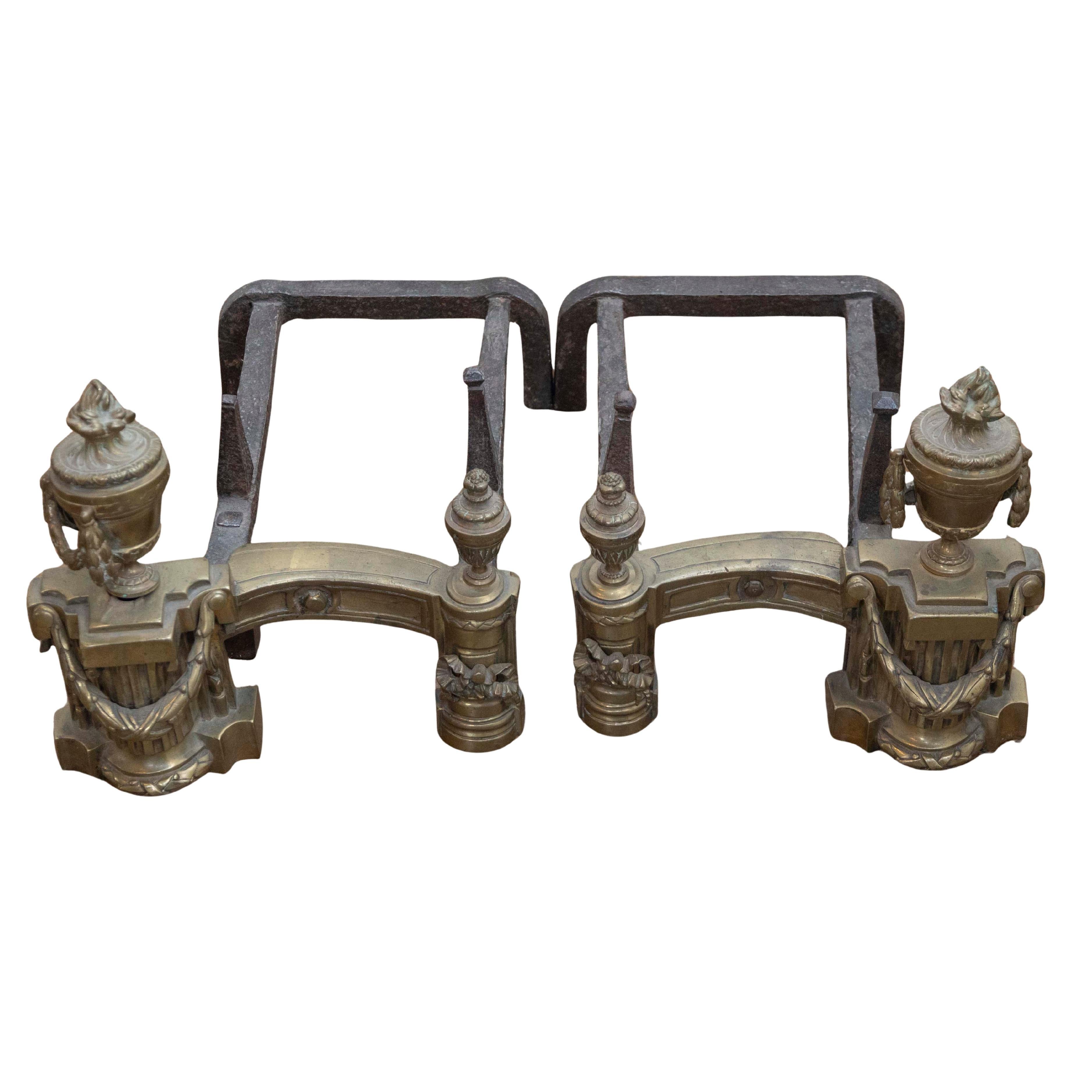 Pair of English Neoclassical Style Brass Andirons circa 1860 with Fire Urns