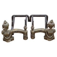 Antique Pair of English Neoclassical Style Brass Andirons circa 1860 with Fire Urns