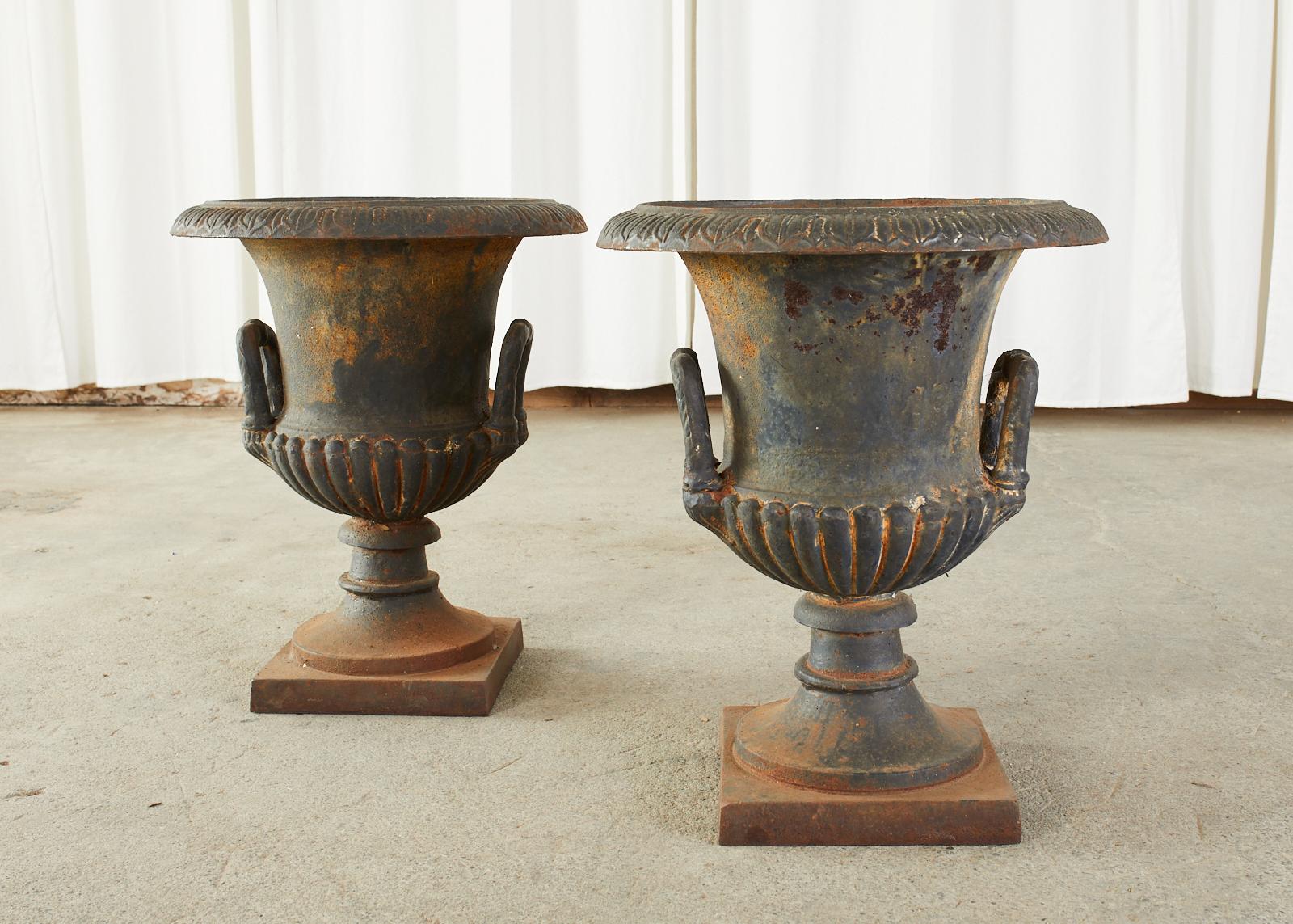 Matched large pair of English cast iron garden urns or jardinière planters styled in the neoclassical taste. The pair feature large handles on the sides and each is mounted to a square plinth. From an estate in Beverly Hills, CA.