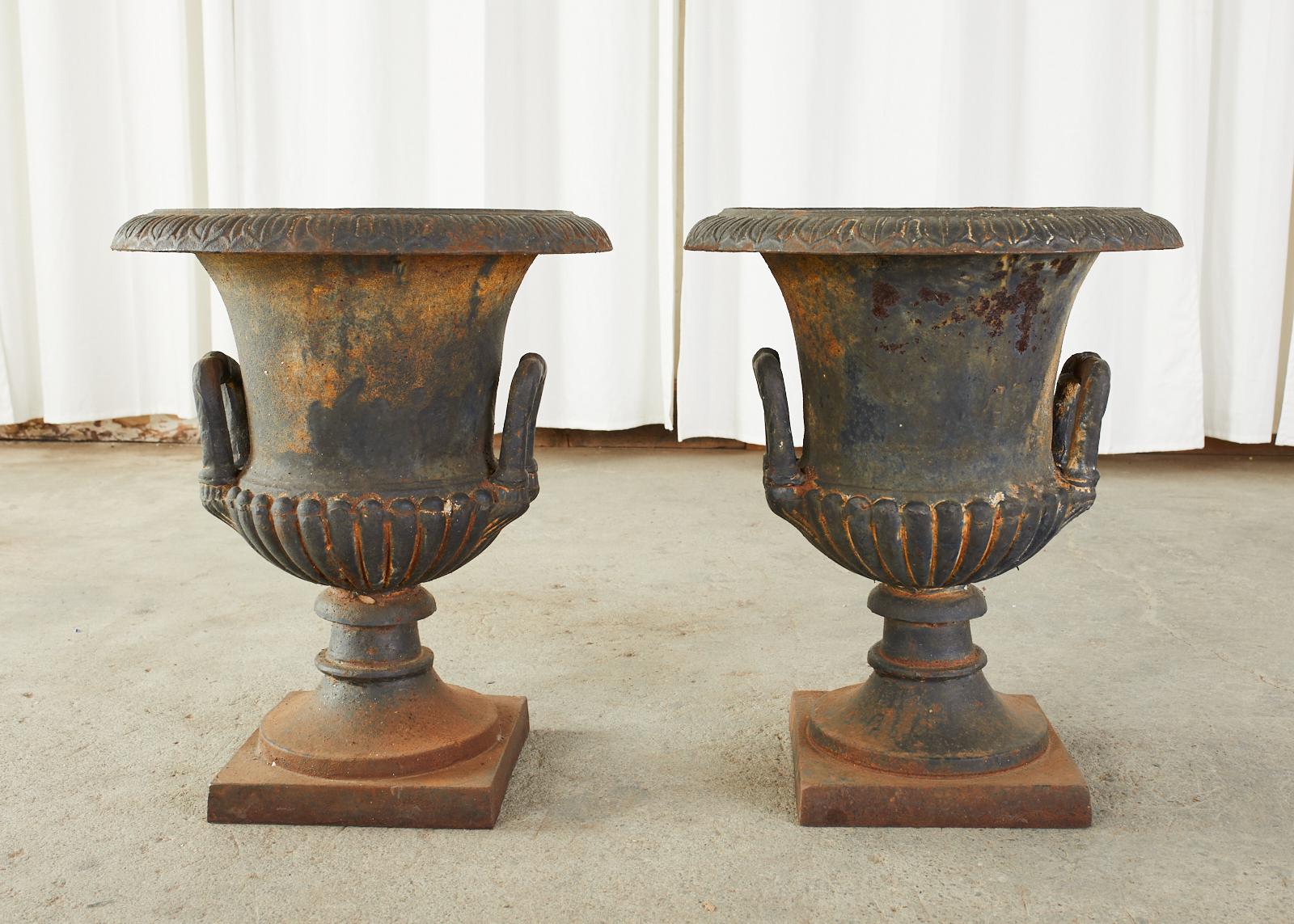 Pair of English Neoclassical Style Cast Iron Garden Urns In Good Condition In Rio Vista, CA
