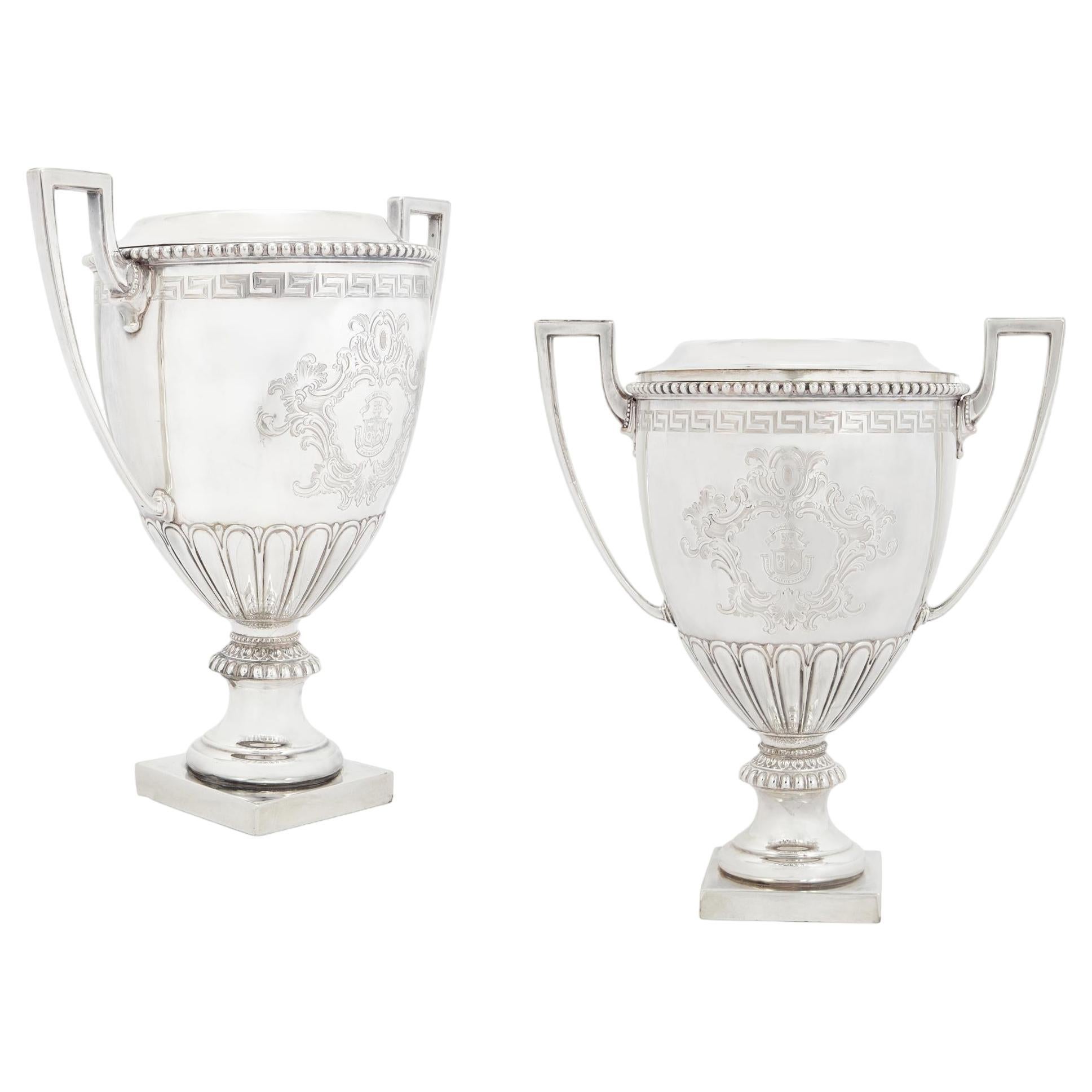 Pair Of English Neoclassical Style Electroplate Urn Wine Coolers, 20th Century For Sale