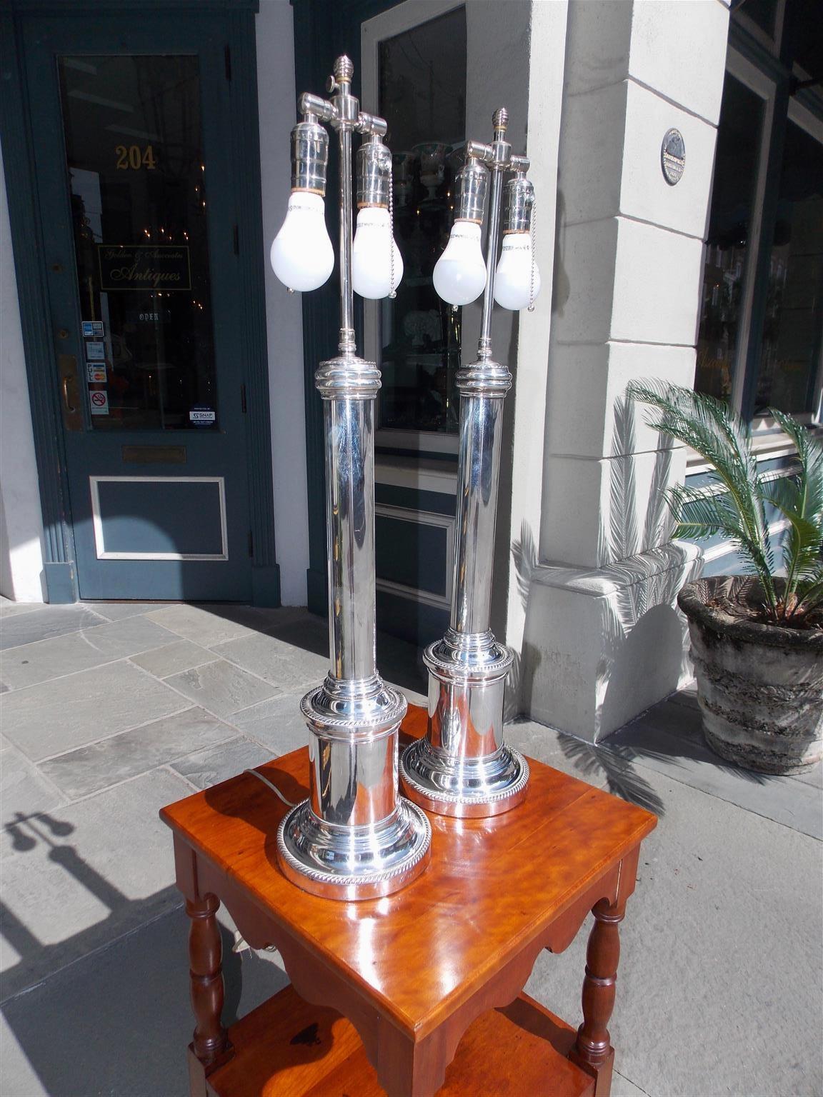 Victorian Pair of English Nickel Silver Column Table Lamps, Originally Gas. Circa, 1880