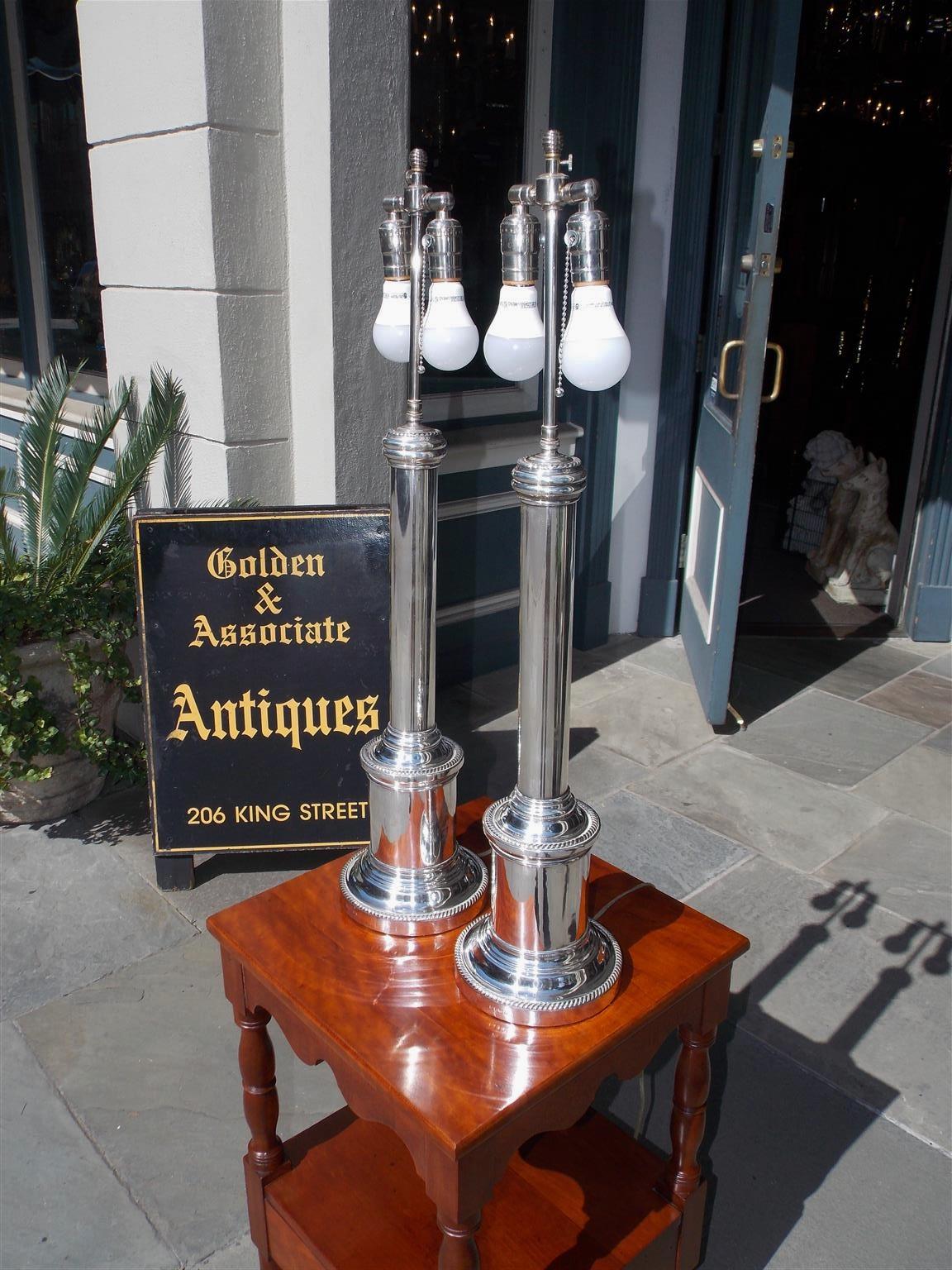 Hand-Crafted Pair of English Nickel Silver Column Table Lamps, Originally Gas. Circa, 1880