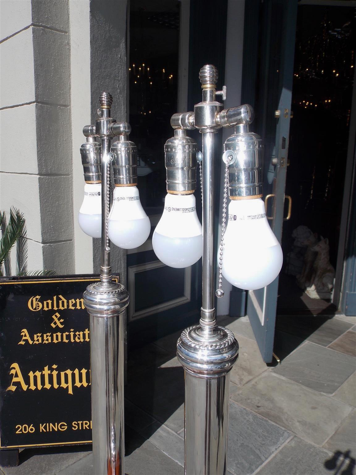 Pair of English Nickel Silver Column Table Lamps, Originally Gas. Circa, 1880 In Excellent Condition In Hollywood, SC