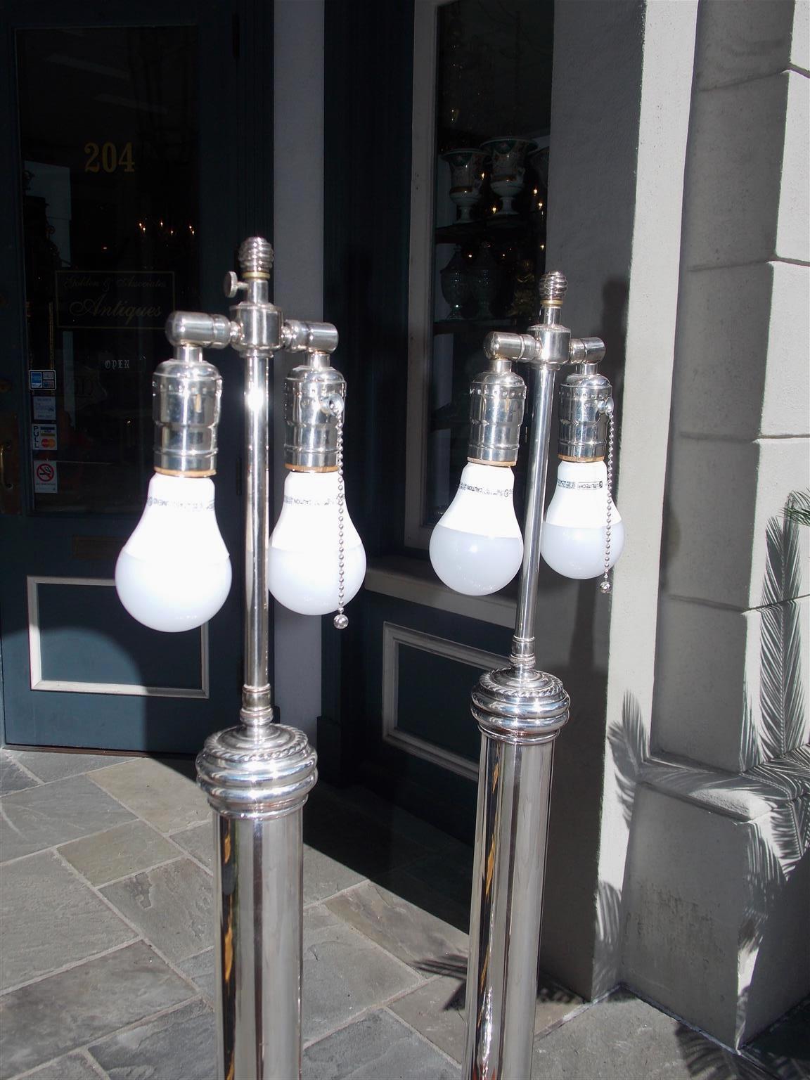 Late 19th Century Pair of English Nickel Silver Column Table Lamps, Originally Gas. Circa, 1880